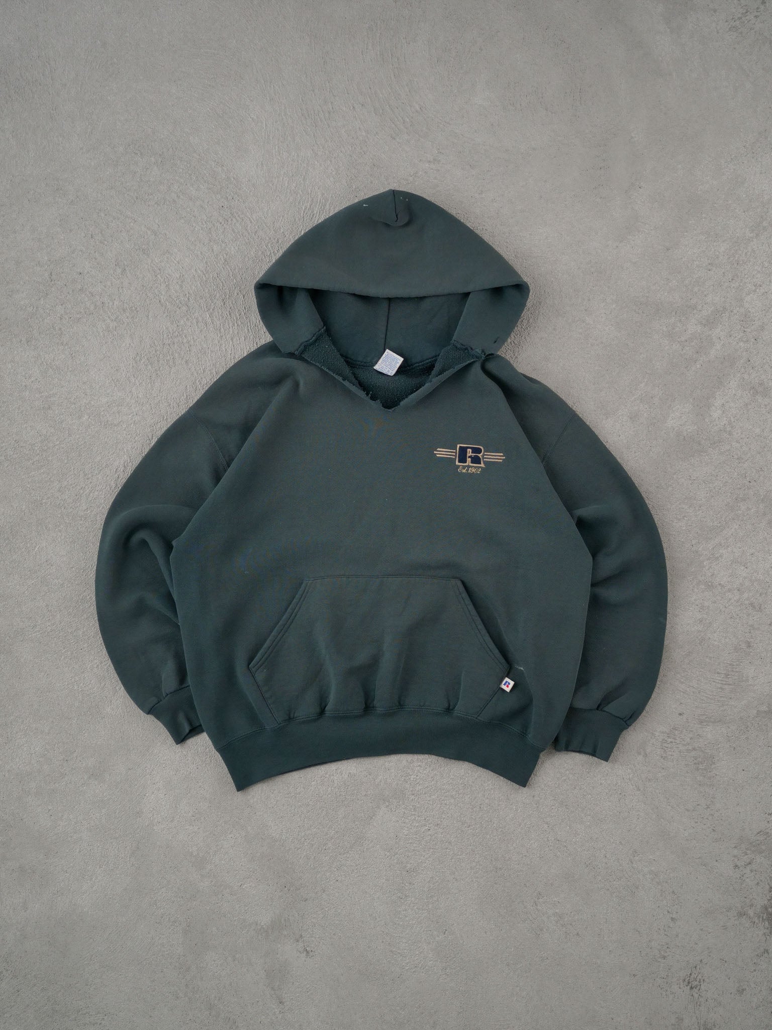 Vintage 90s Faded Dark Green Russell Athletics Emblem Hoodie (L)