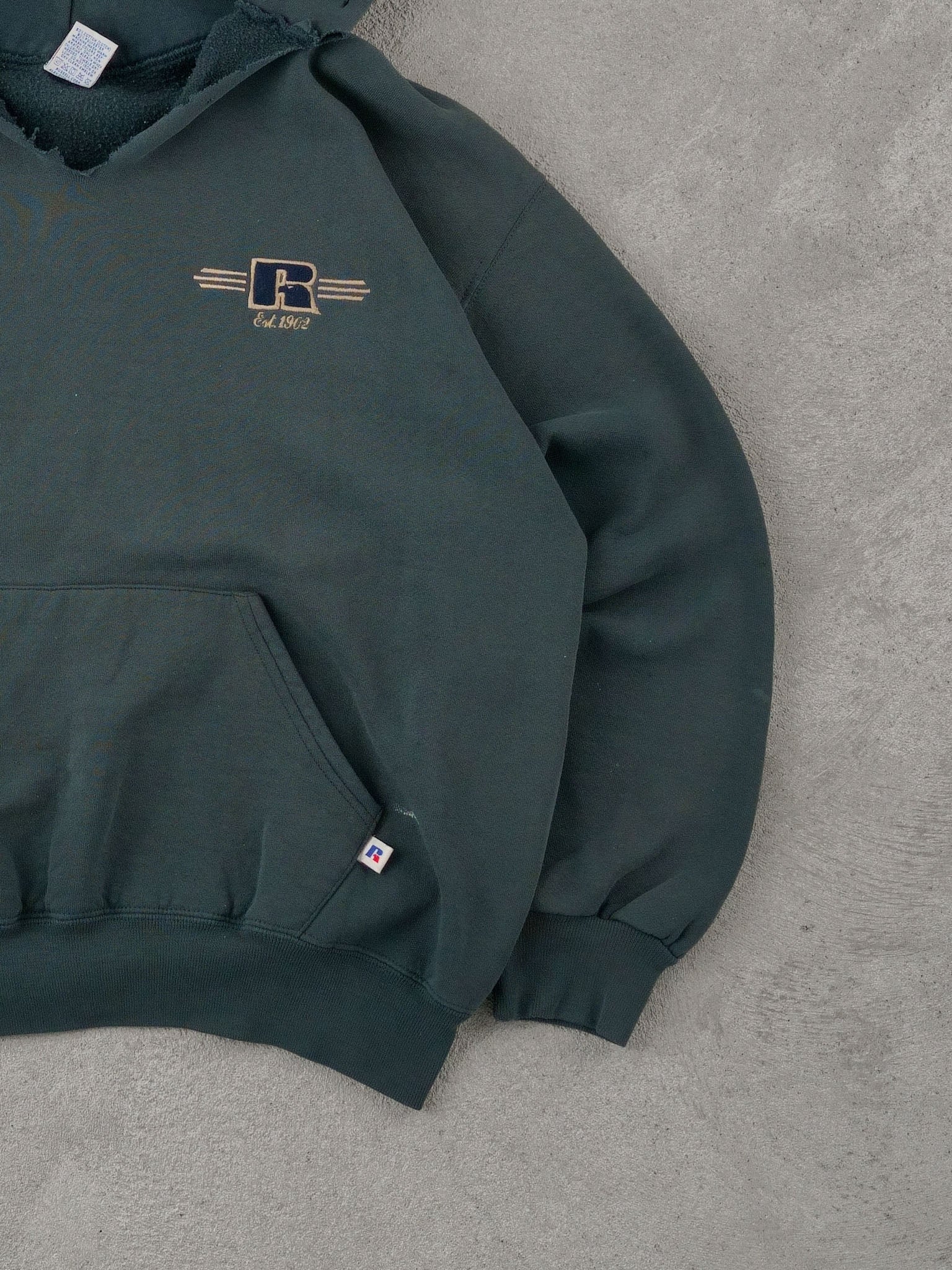 Vintage 90s Faded Dark Green Russell Athletics Emblem Hoodie (L)