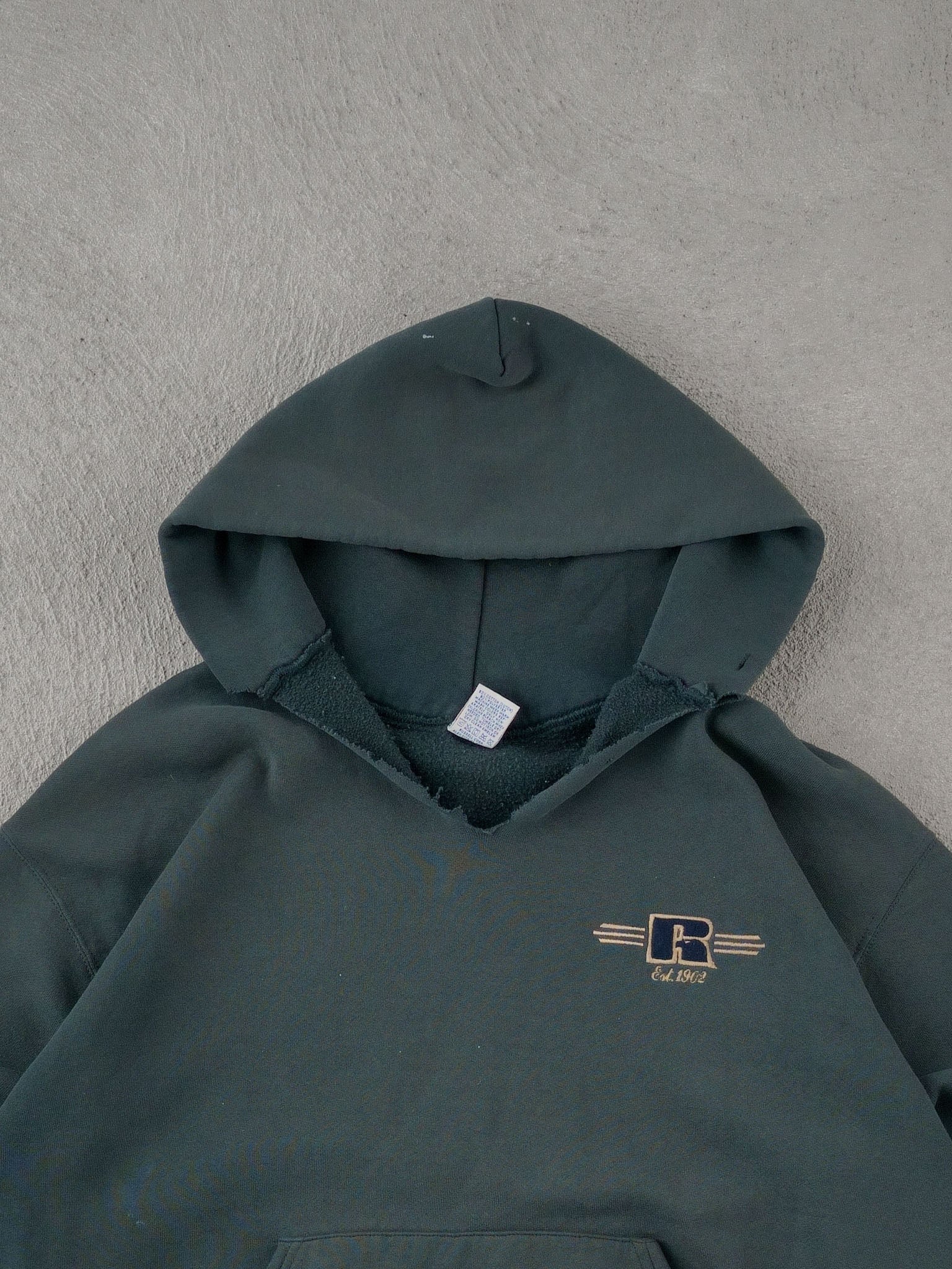 Vintage 90s Faded Dark Green Russell Athletics Emblem Hoodie (L)