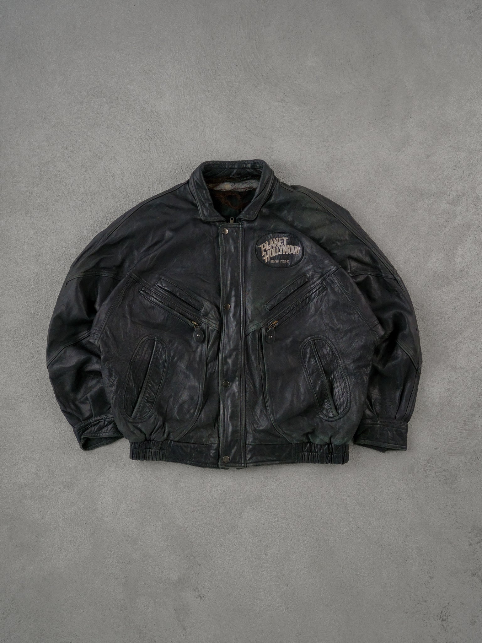 Vintage 90s Black Planet Hollywood New York Leather Jacket (XL)