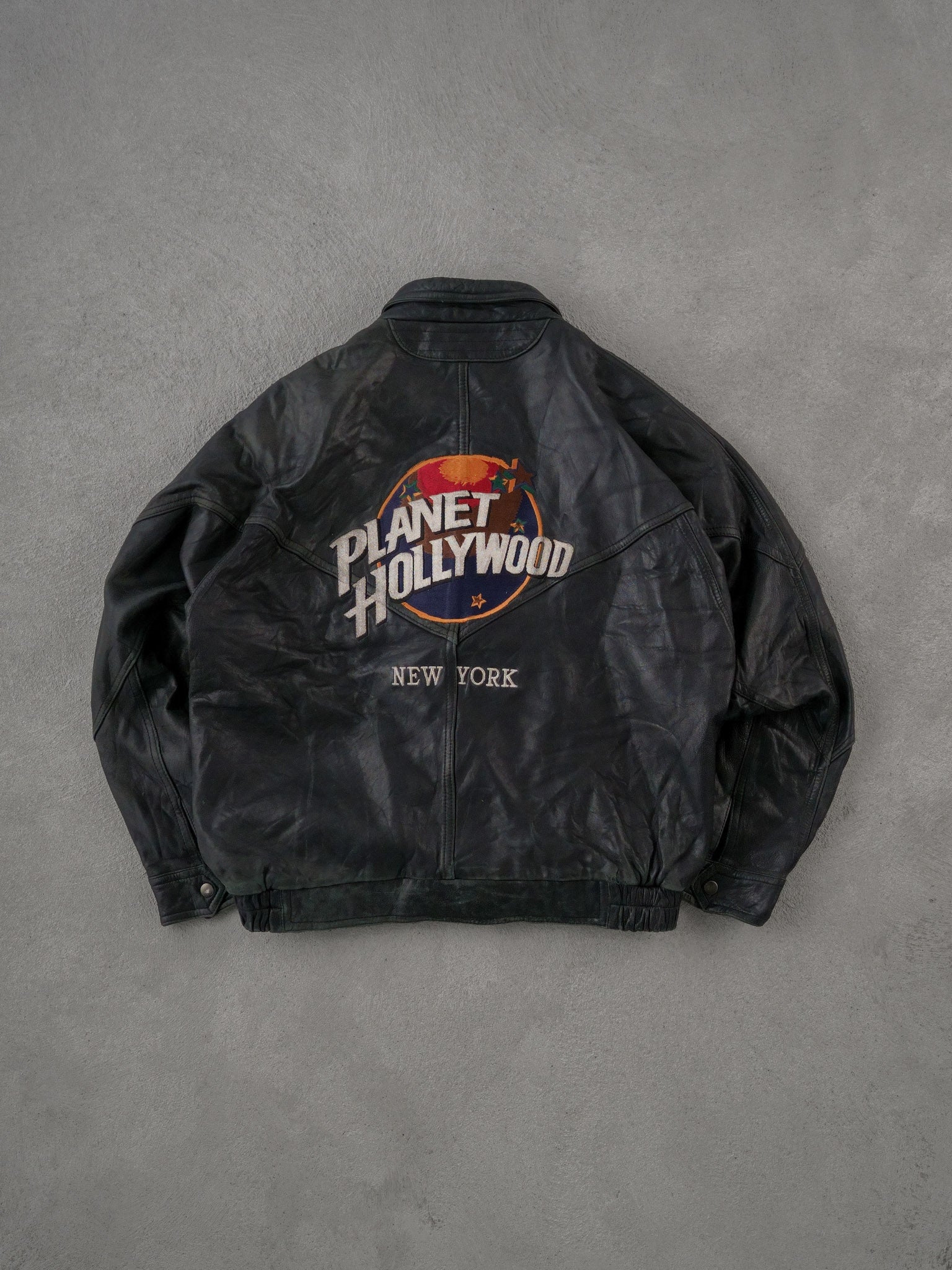 Vintage 90s Black Planet Hollywood New York Leather Jacket (XL)