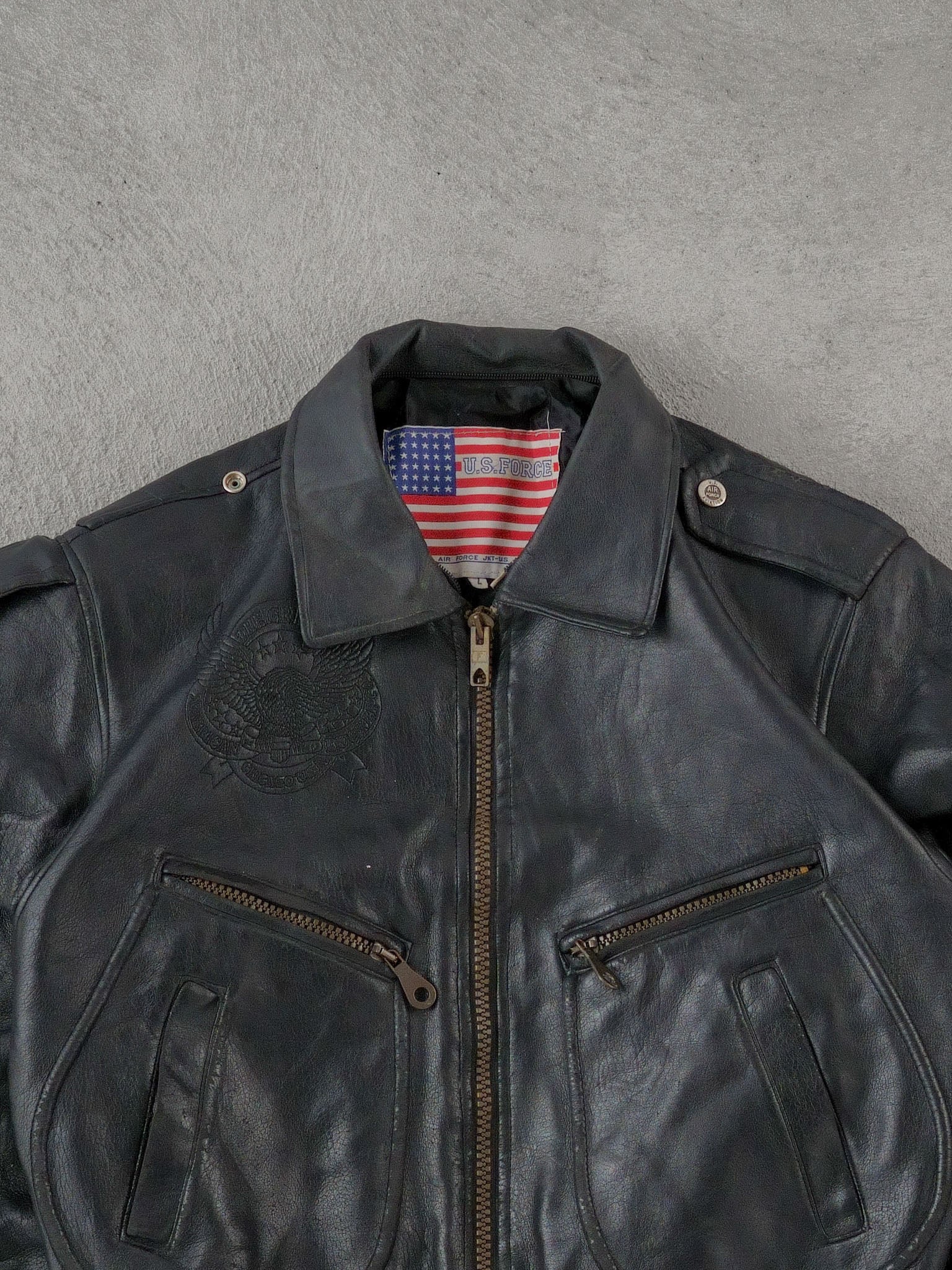Vintage 90s Black The America Buckle Co Chicago Leather Jacket (L)