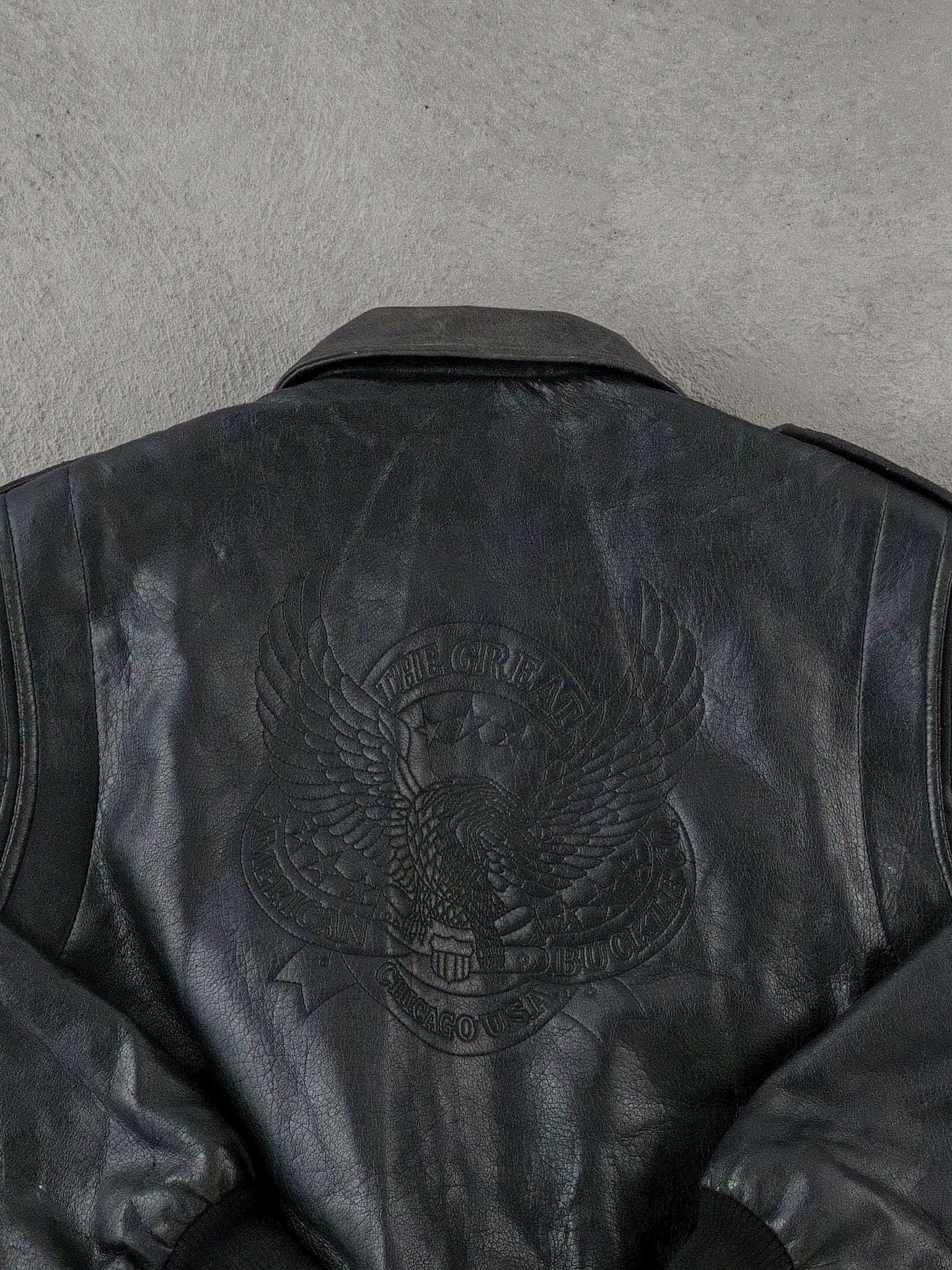 Vintage 90s Black The America Buckle Co Chicago Leather Jacket (L)