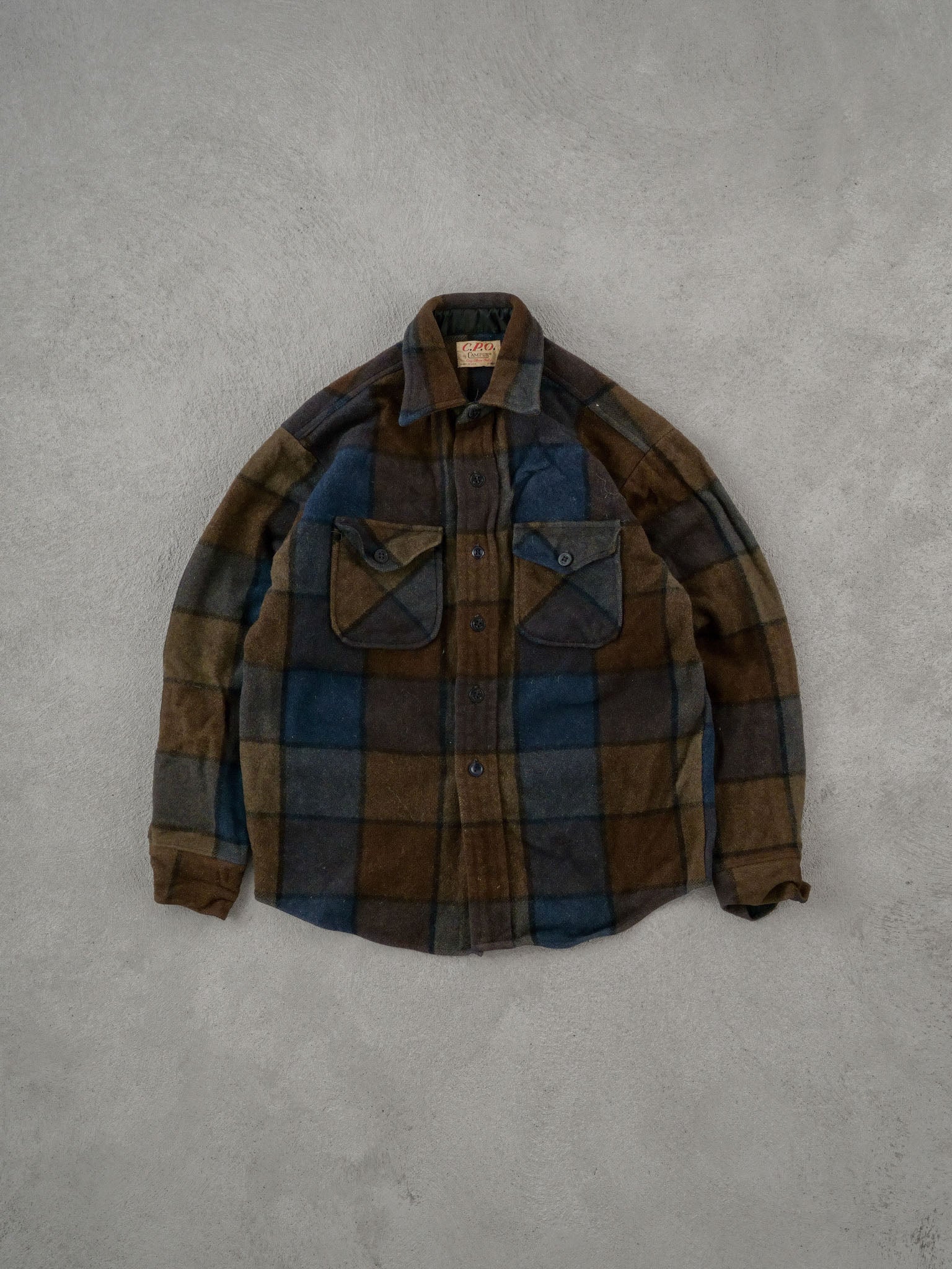 Vintage 90s Brown and Blue Plaid Collared Button Up (M)