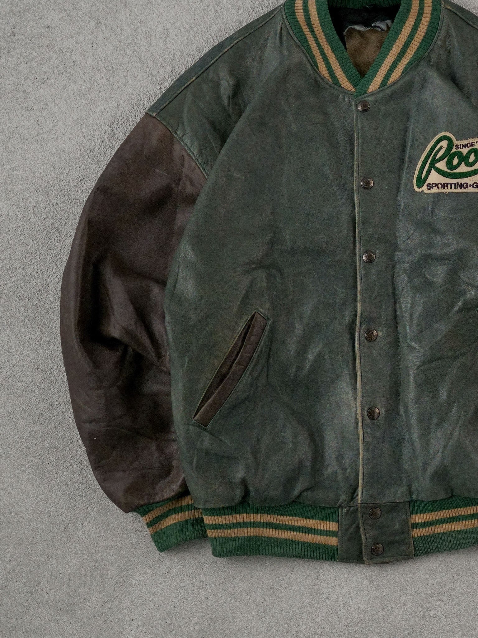 Vintage 90s Green Ford x Roots Sporting Good Leather Varsity Jacket (L)