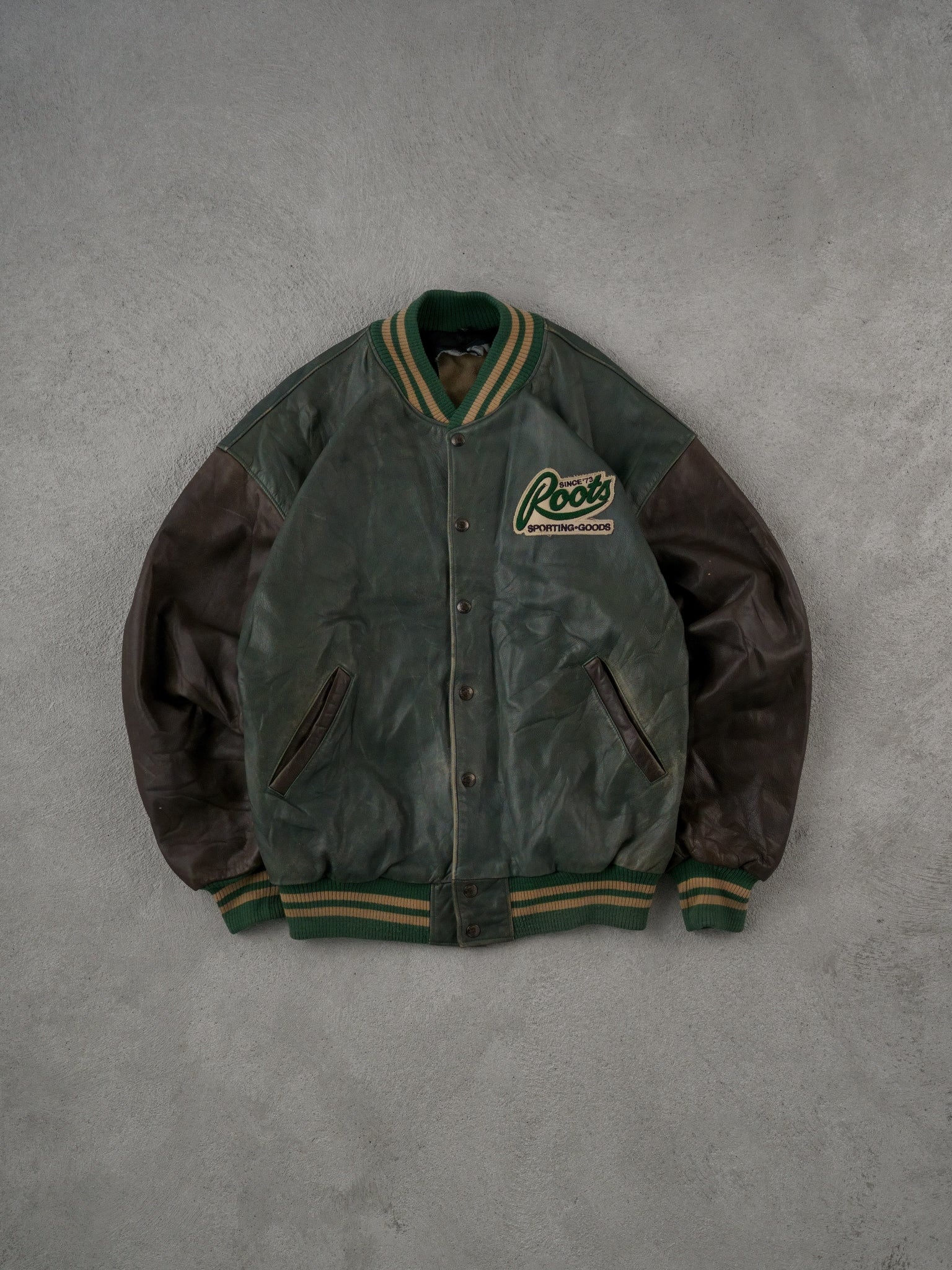 Vintage 90s Green Ford x Roots Sporting Good Leather Varsity Jacket (L)