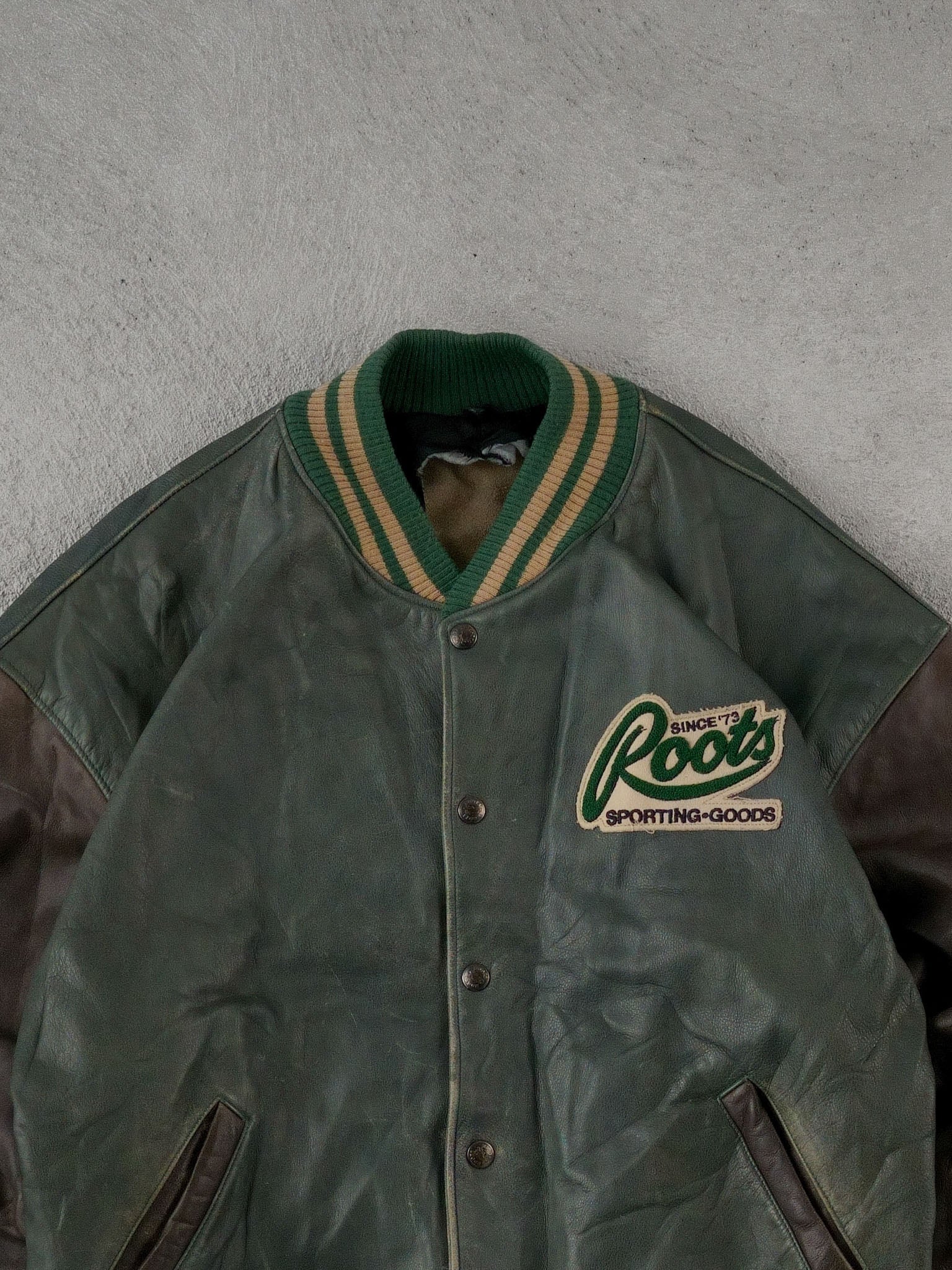 Vintage 90s Green Ford x Roots Sporting Good Leather Varsity Jacket (L)