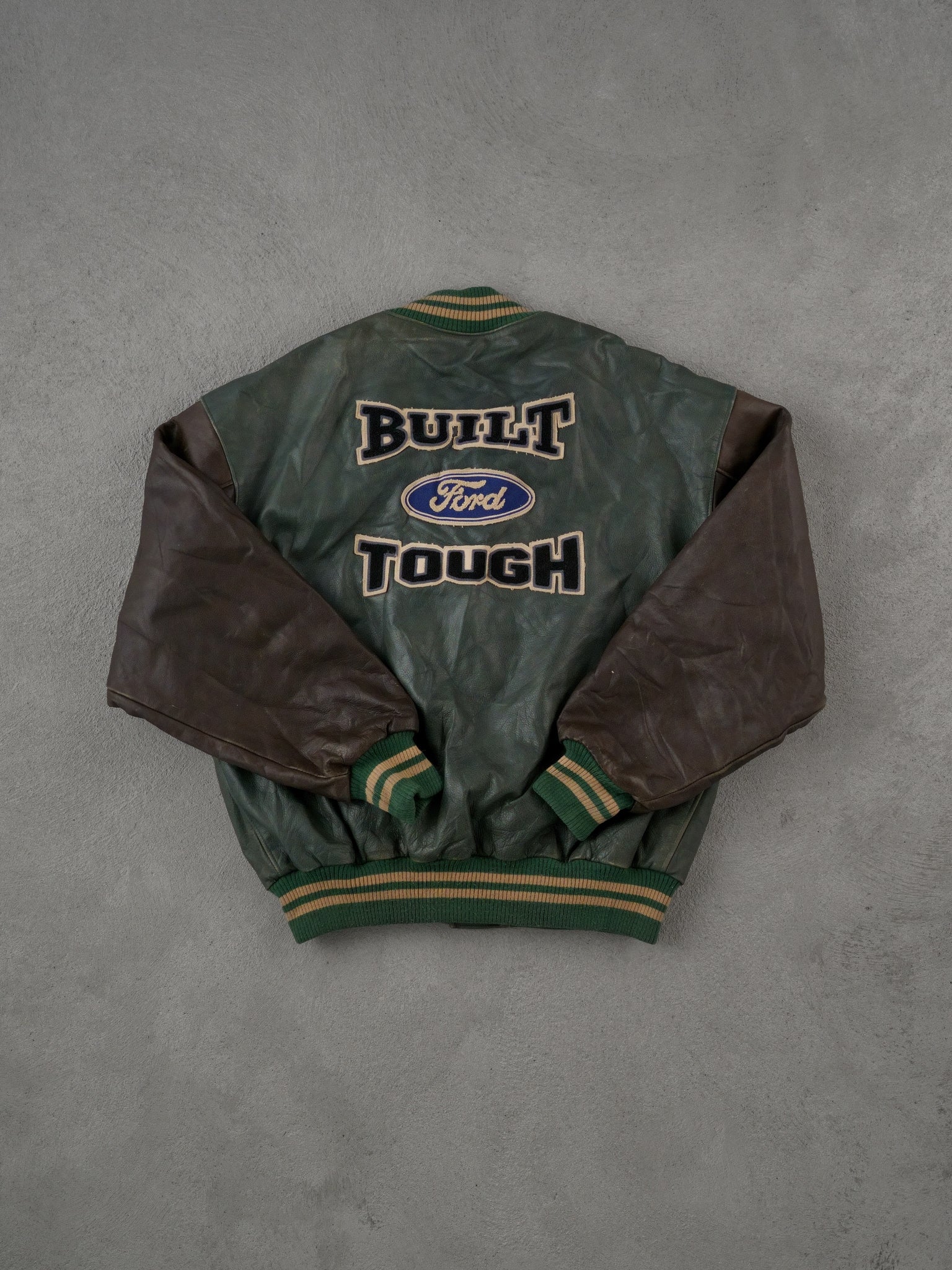 Vintage 90s Green Ford x Roots Sporting Good Leather Varsity Jacket (L)