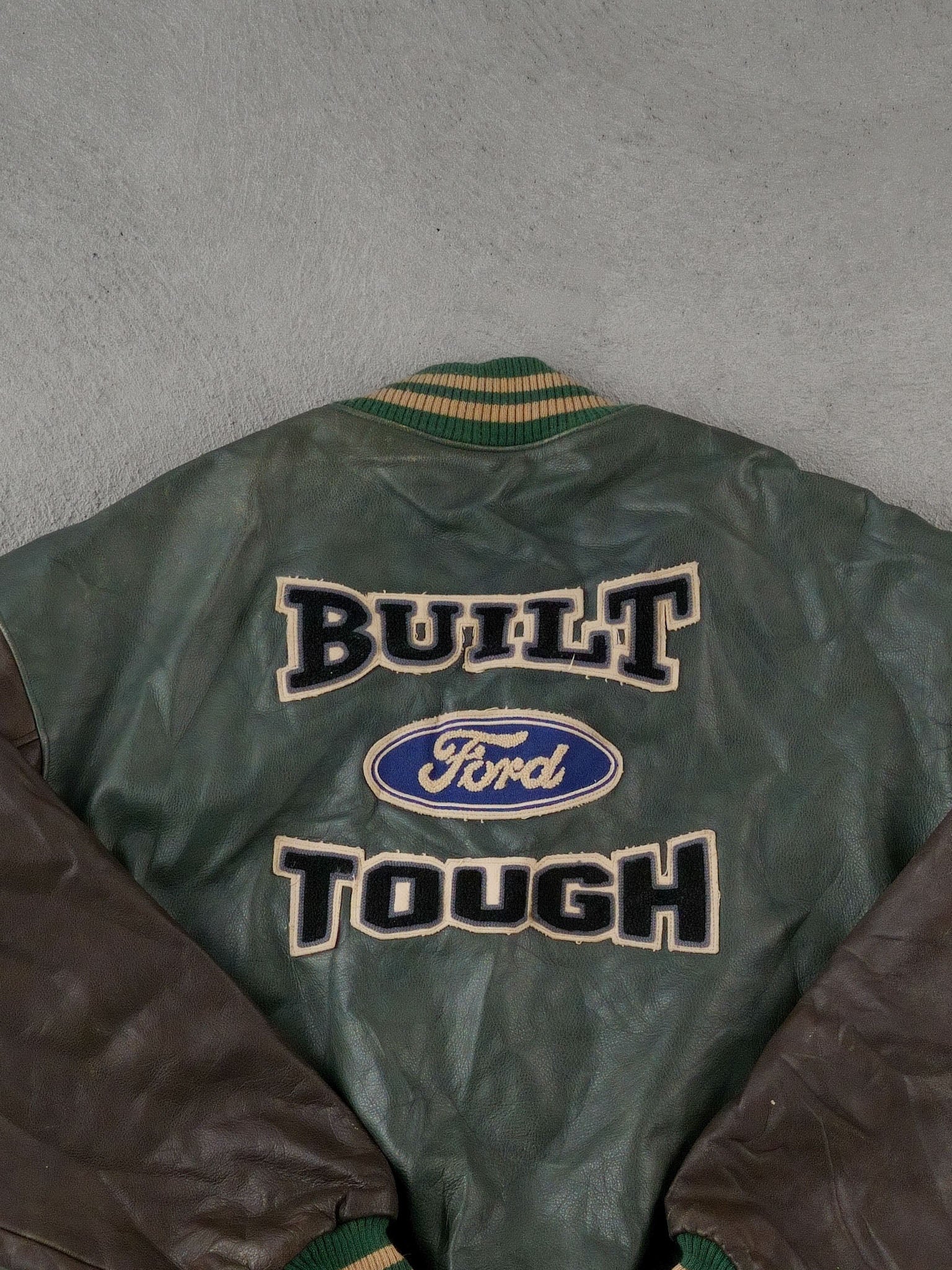 Vintage 90s Green Ford x Roots Sporting Good Leather Varsity Jacket (L)