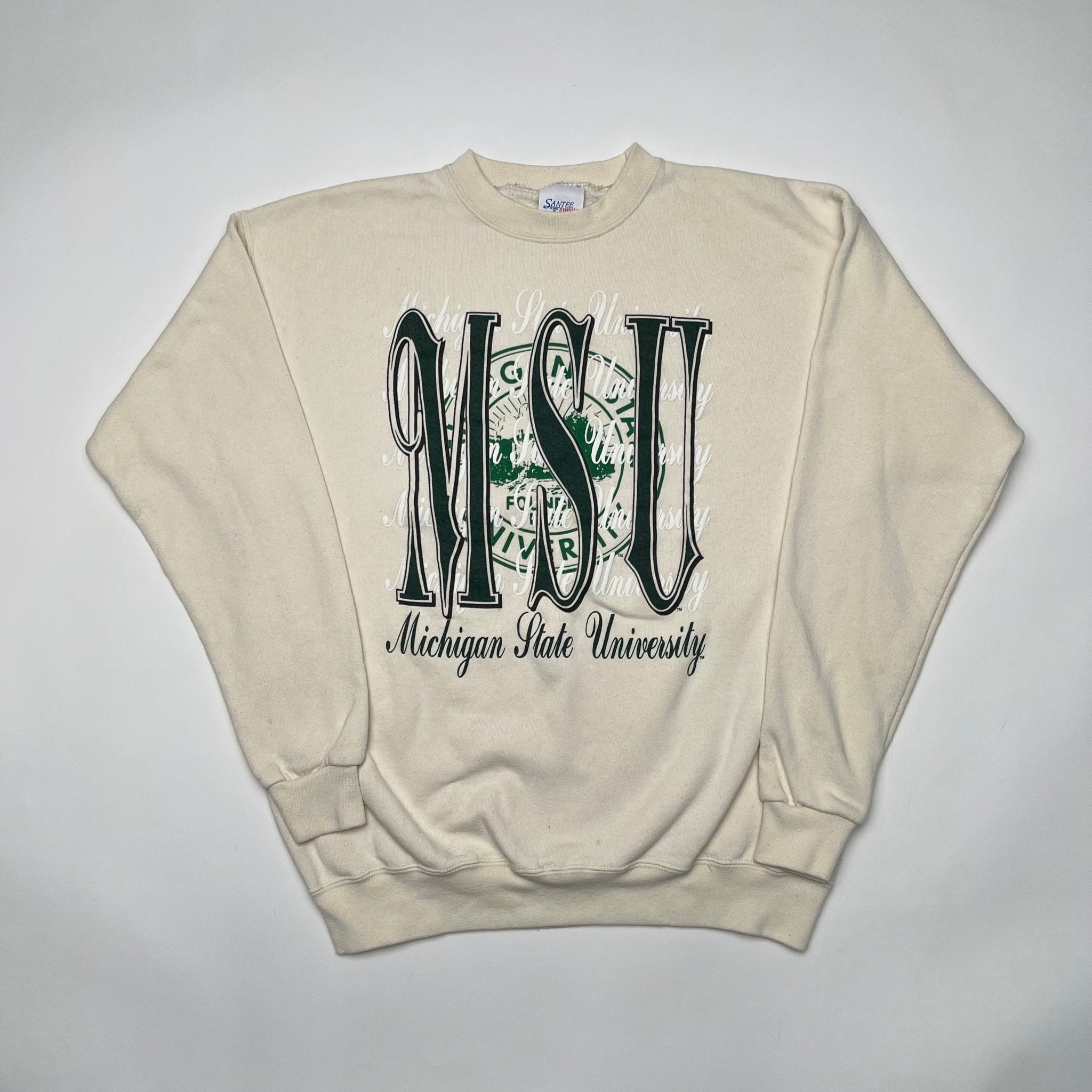 Vintage 80s Cream Michigan State Cursive Spell Out Crewneck (L) | Rebalance Vintage.