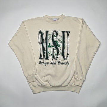 Vintage 80s Cream Michigan State Cursive Spell Out Crewneck (L) | Rebalance Vintage.