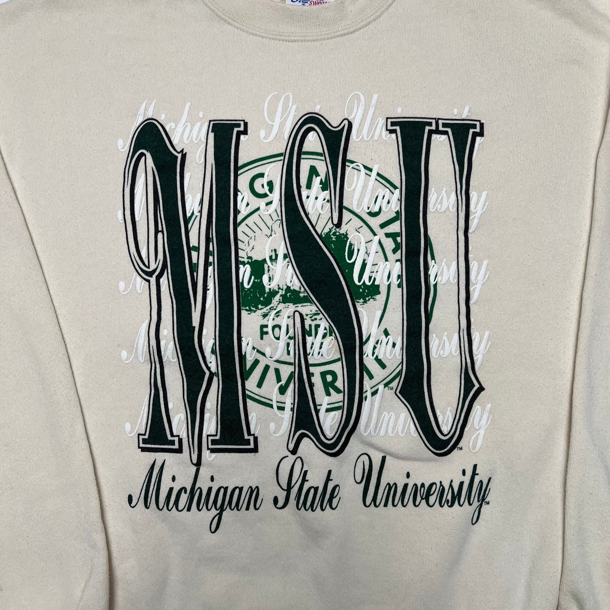 Vintage 80s Cream Michigan State Cursive Spell Out Crewneck (L) | Rebalance Vintage.