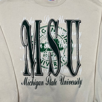 Vintage 80s Cream Michigan State Cursive Spell Out Crewneck (L) | Rebalance Vintage.