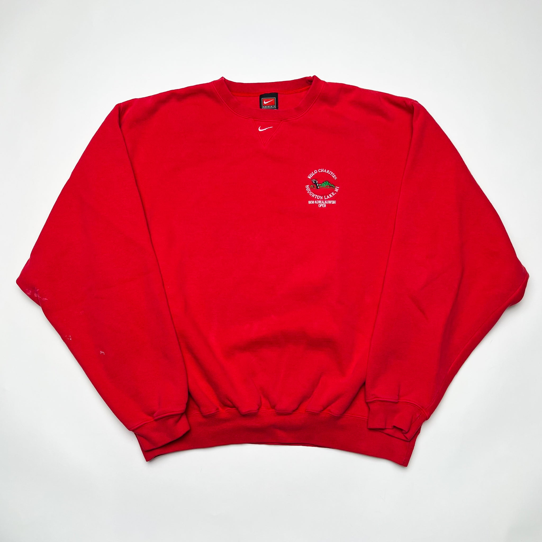 Vintage Red Nike Center Check Houghton Lake Michigan Crewneck (L) | Rebalance Vintage.