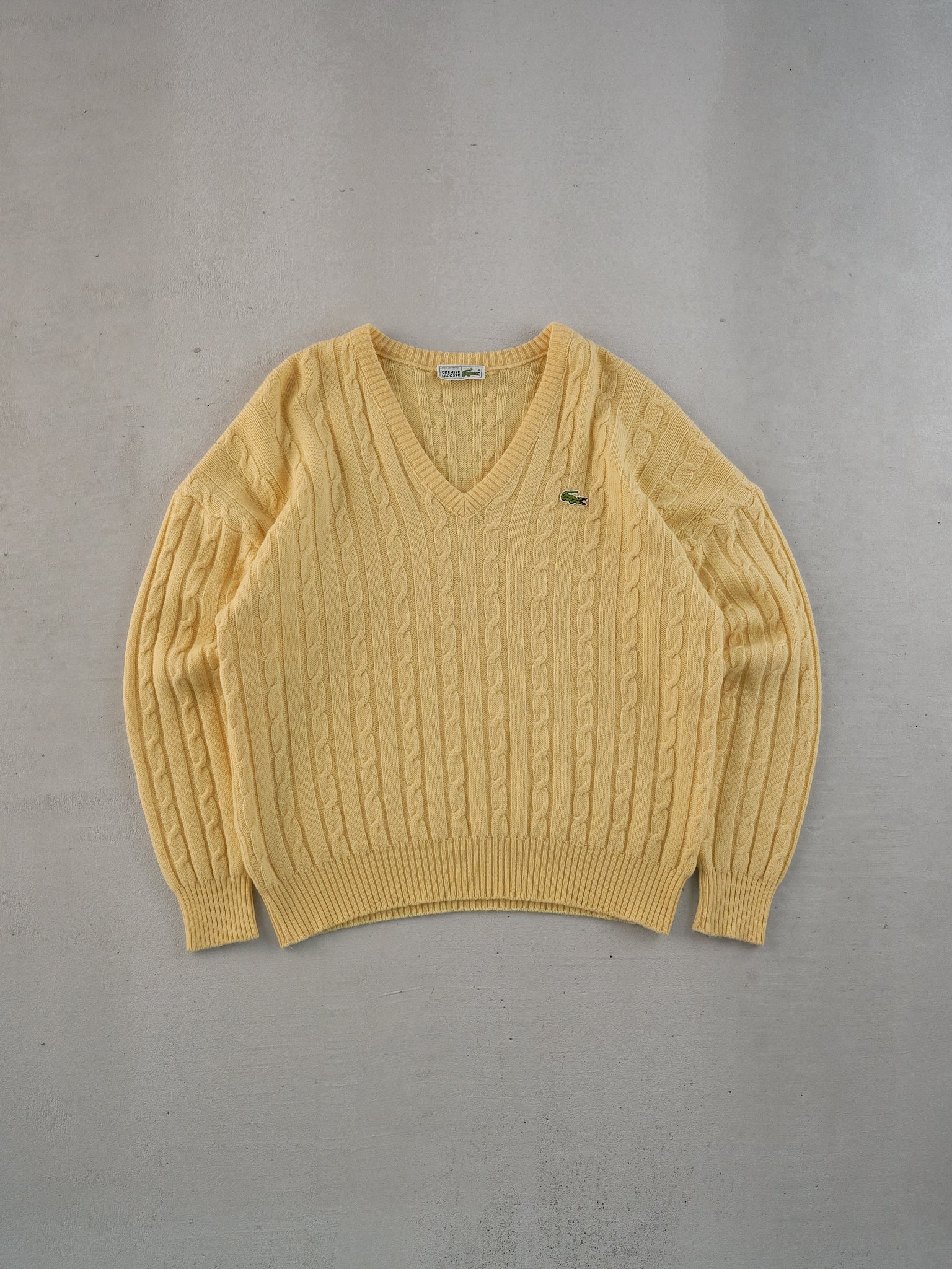 Vintage 80s Yellow Lacoste Patterned Knit Vneck Sweater (M)