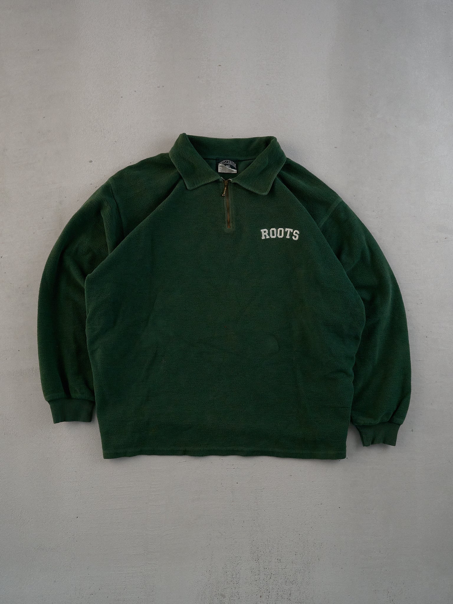 Vintage 90s Washed Pine Green Roots Collared 1/4 Crewneck (L)