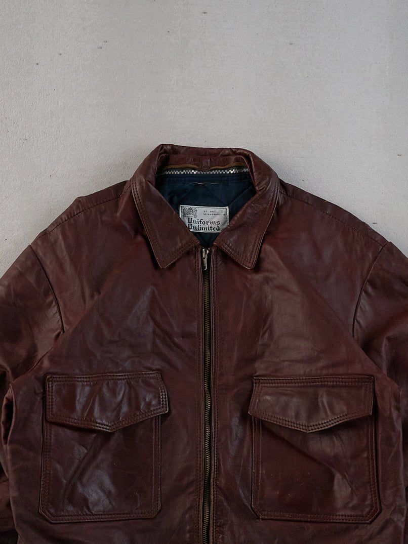 Vintage 90s Maroon Uniforms Unlimited Collared Leather Jacket (M)
