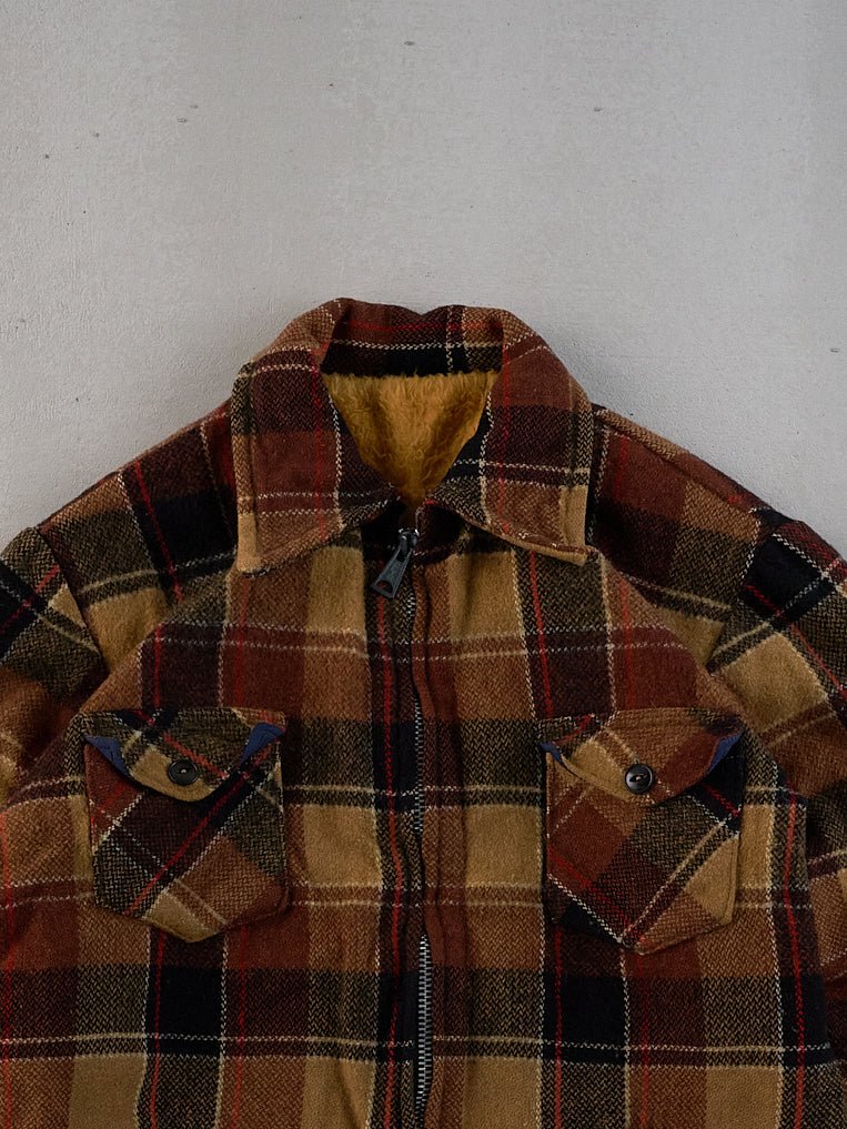Vintage 90s Brown and Beige Plaid Collared Zip Up (M)