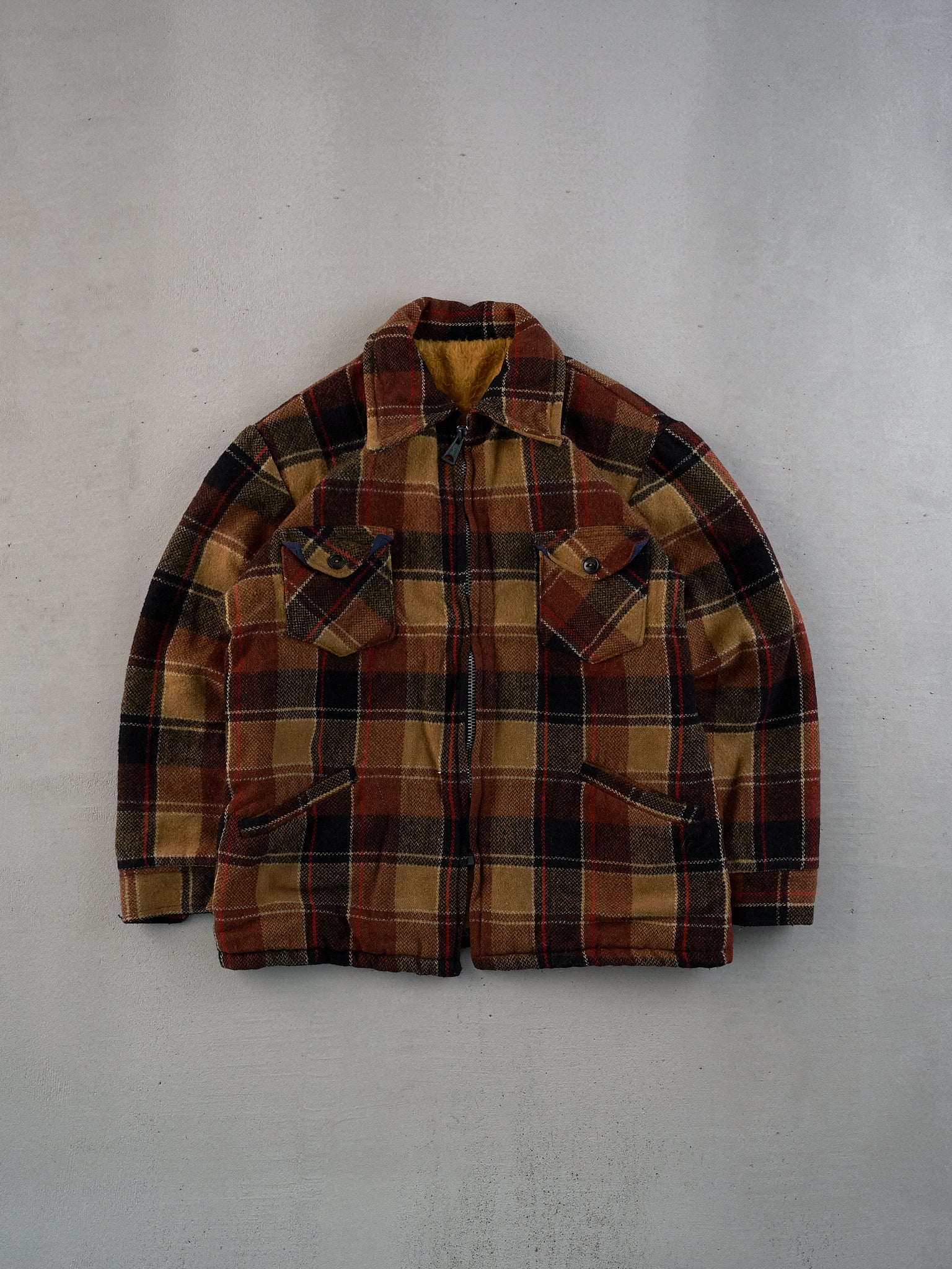 Vintage 90s Brown and Beige Plaid Collared Zip Up (M)