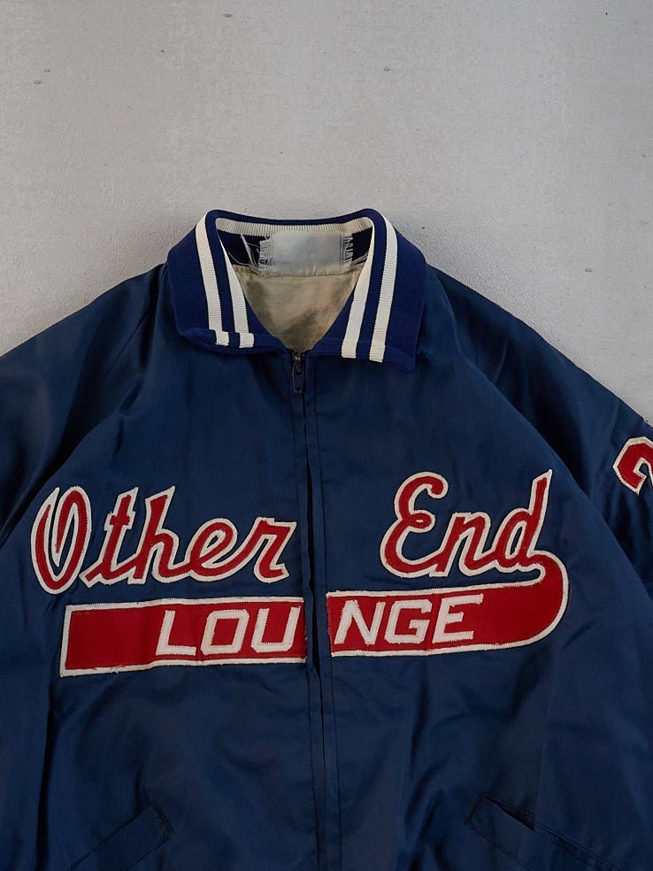 Vintage 70s Navy Blue Other End Lounge Satin Bomber Jacket (L/XL)