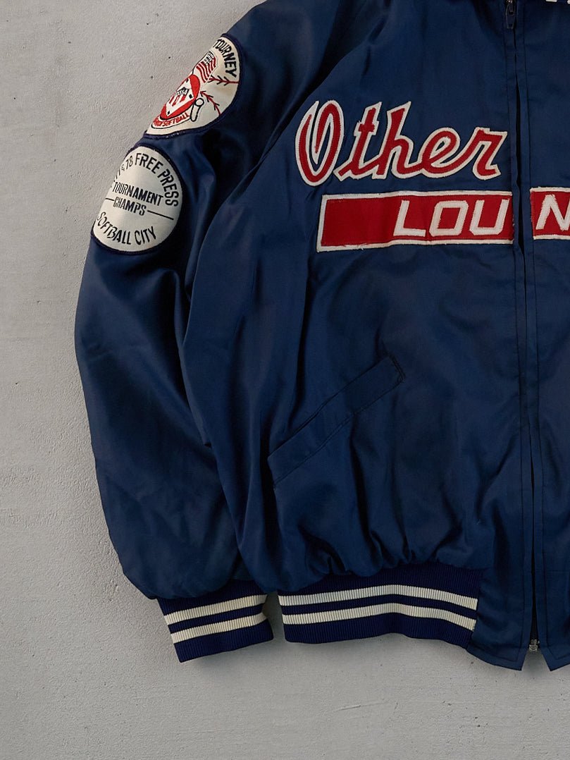 Vintage 70s Navy Blue Other End Lounge Satin Bomber Jacket (L/XL)