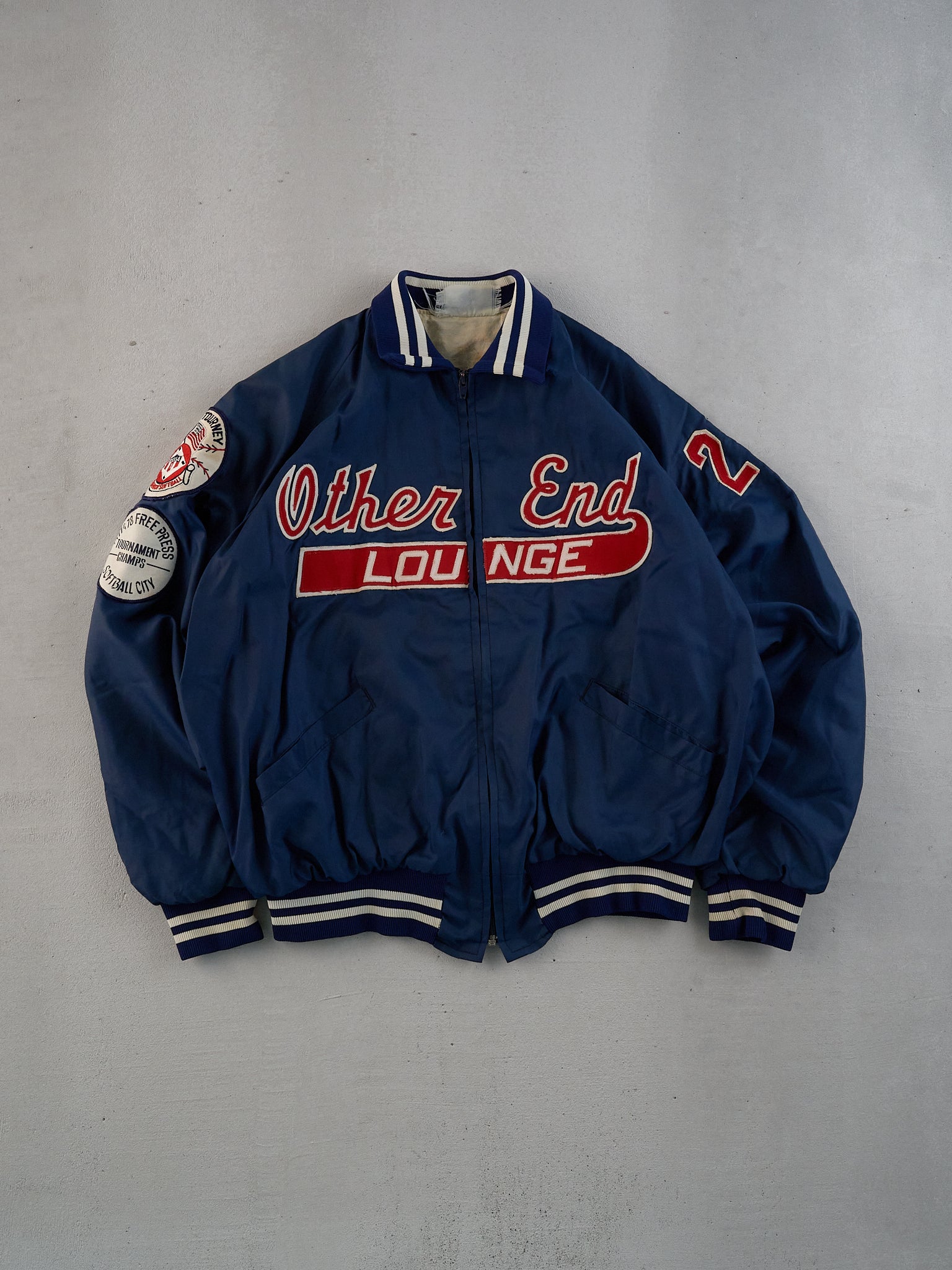 Vintage 70s Navy Blue Other End Lounge Satin Bomber Jacket (L/XL)