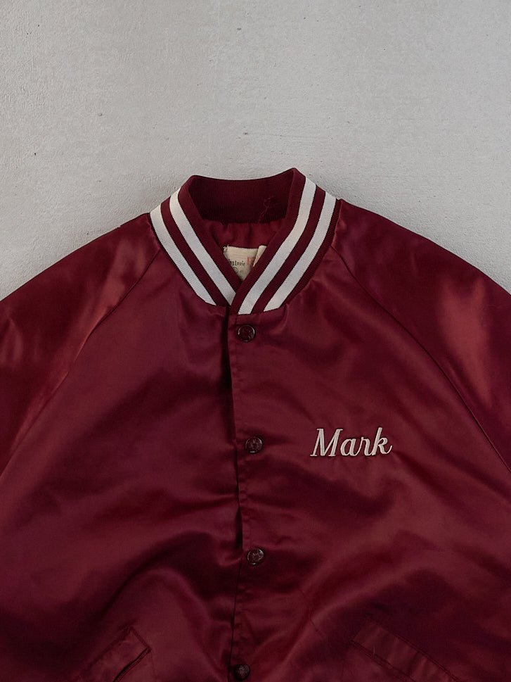 Vintage 90s Maroon Satin Tri Valley Wrestling Mark Bomber Jacket (L)