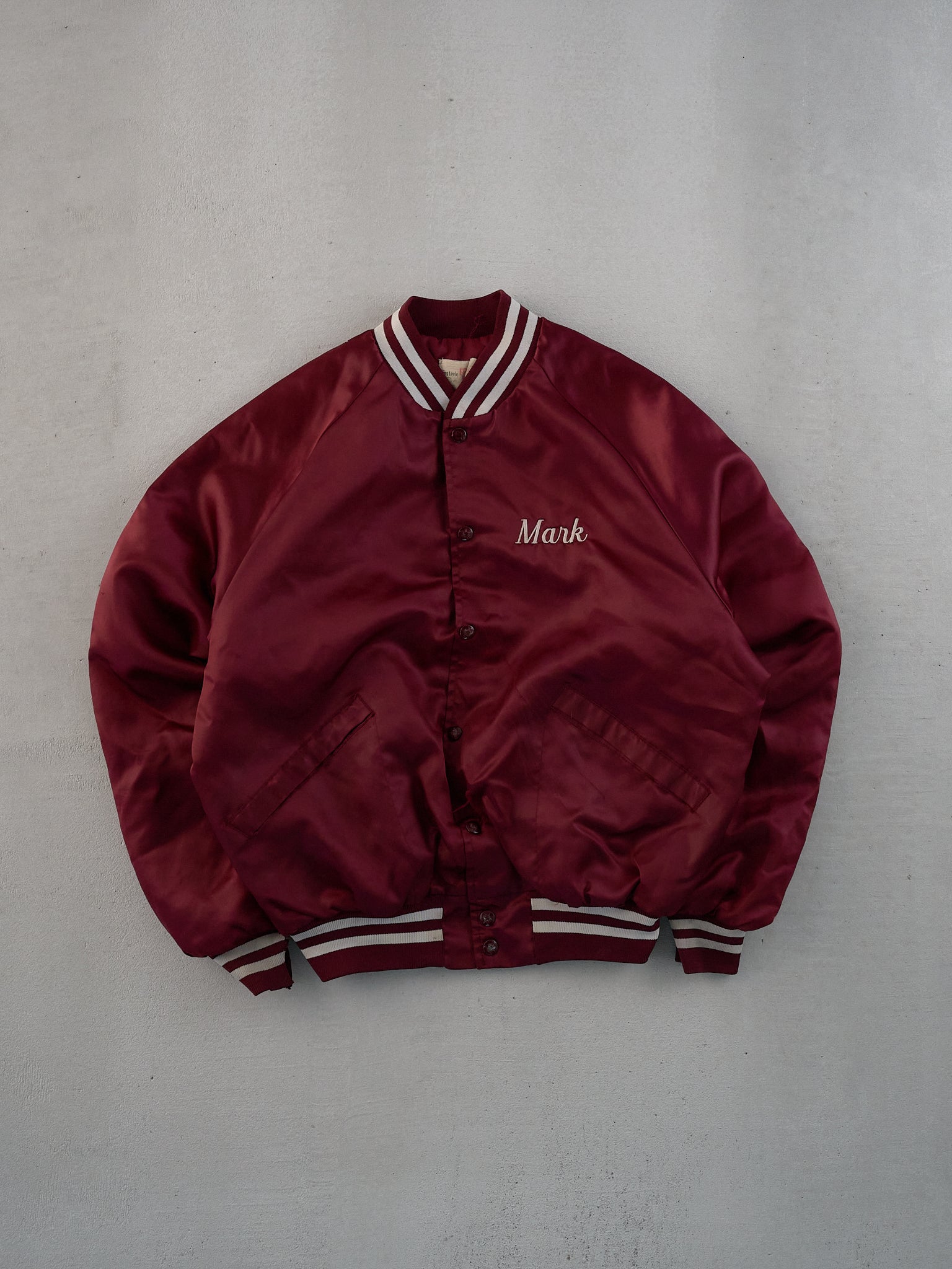 Vintage 90s Maroon Satin Tri Valley Wrestling Mark Bomber Jacket (L)