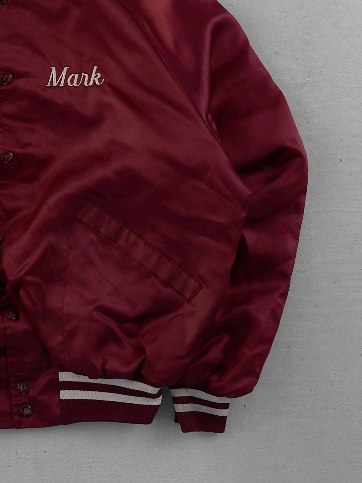 Vintage 90s Maroon Satin Tri Valley Wrestling Mark Bomber Jacket (L)