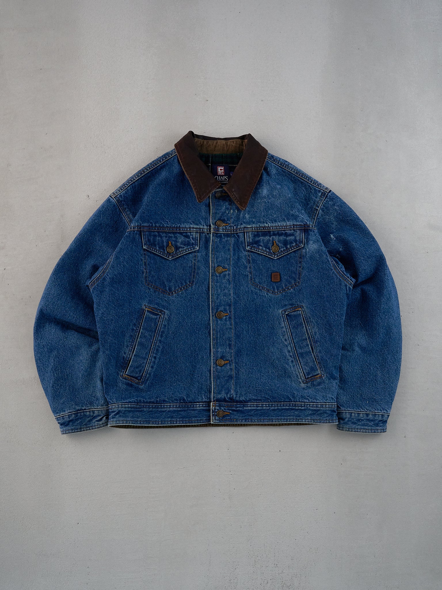 Vintage 90s Dark Blue Chaps by Ralph Lauren Blanket Lined Collared Denim Jacket (L)