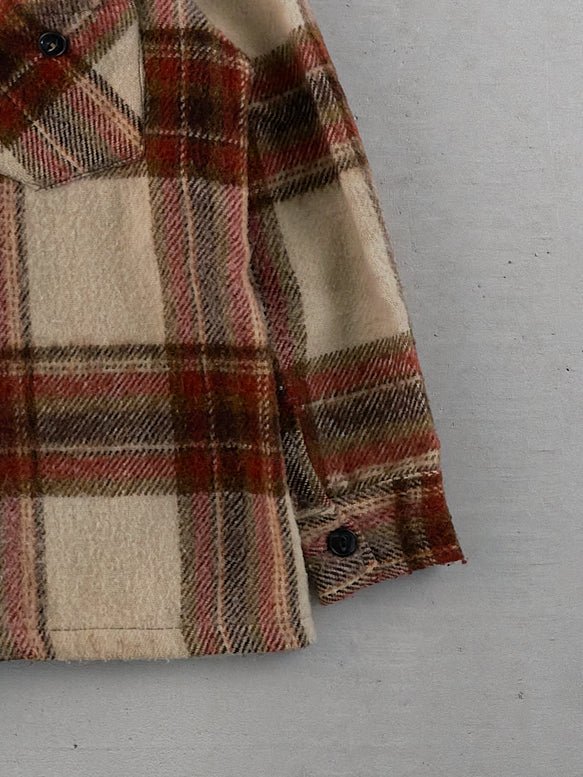 Vintage 80s Beige and Brown Knit Plaid Collared Button Up (M)