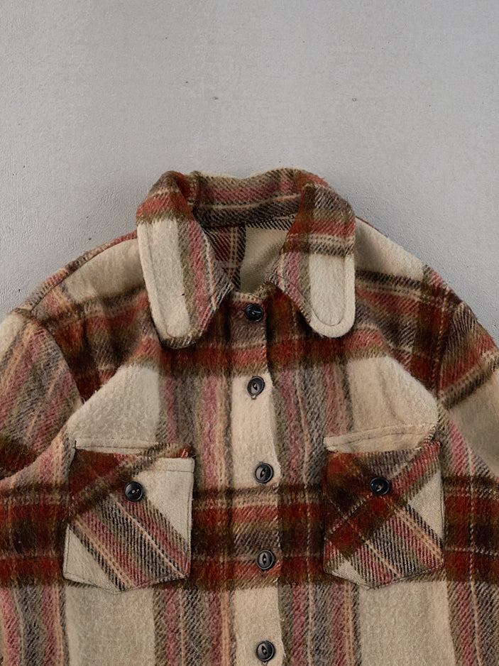 Vintage 80s Beige and Brown Knit Plaid Collared Button Up (M)