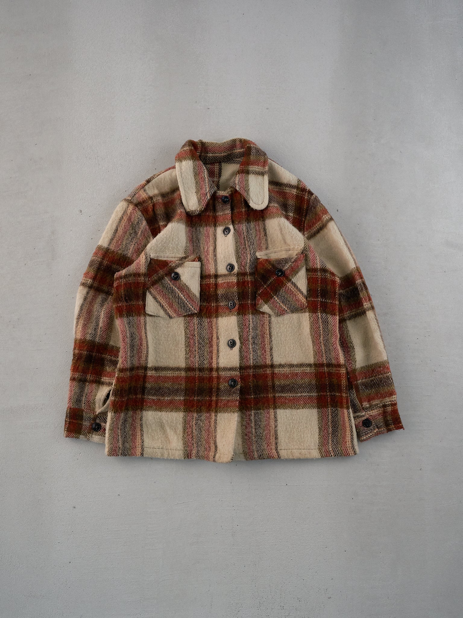 Vintage 80s Beige and Brown Knit Plaid Collared Button Up (M)