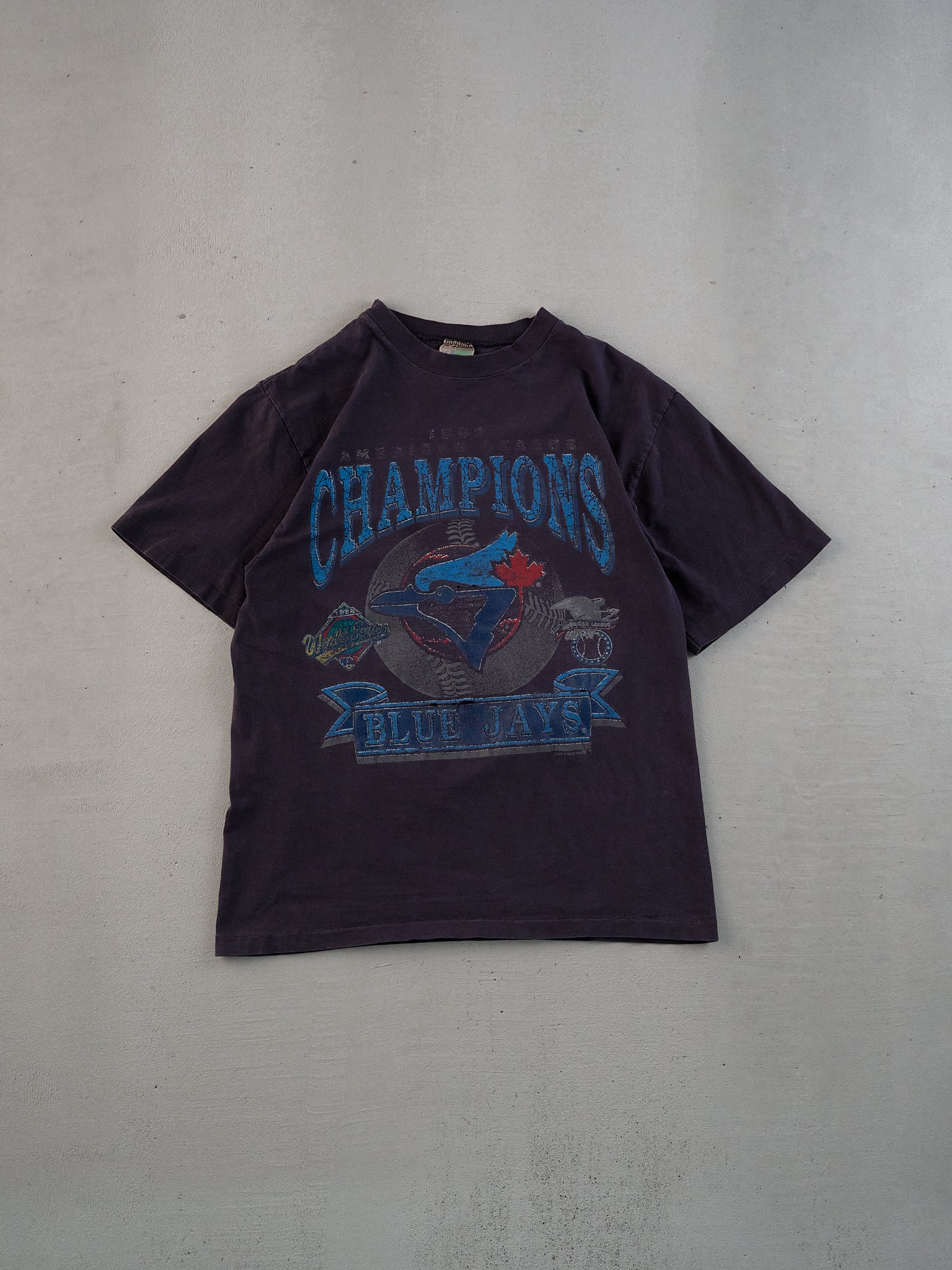 Vintage 92' Washed Black Single Stitched Toronto Blue Jays Champions Graphic Tee (S/M)