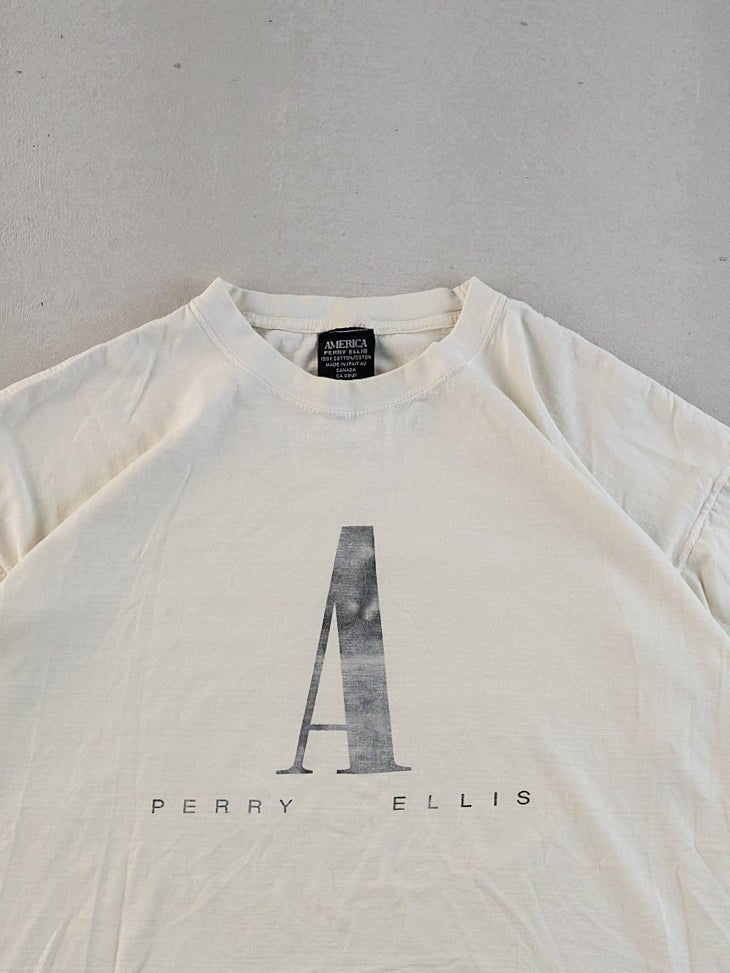 Vintage 90s White A Perry Ellis Graphic Boxy Tee (L)