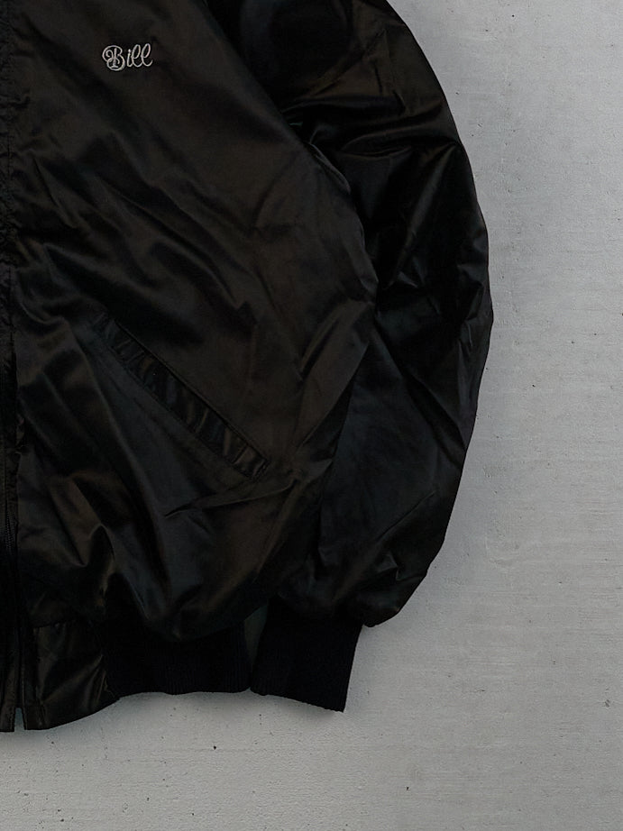 Vintage 90s Black Satin Bill Silver Laker Auto Club Bomber Jacket (L)