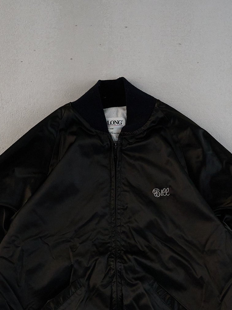 Vintage 90s Black Satin Bill Silver Laker Auto Club Bomber Jacket (L)