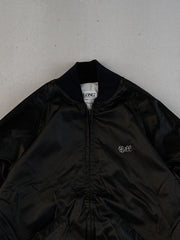 Vintage 90s Black Satin Bill Silver Laker Auto Club Bomber Jacket (L)