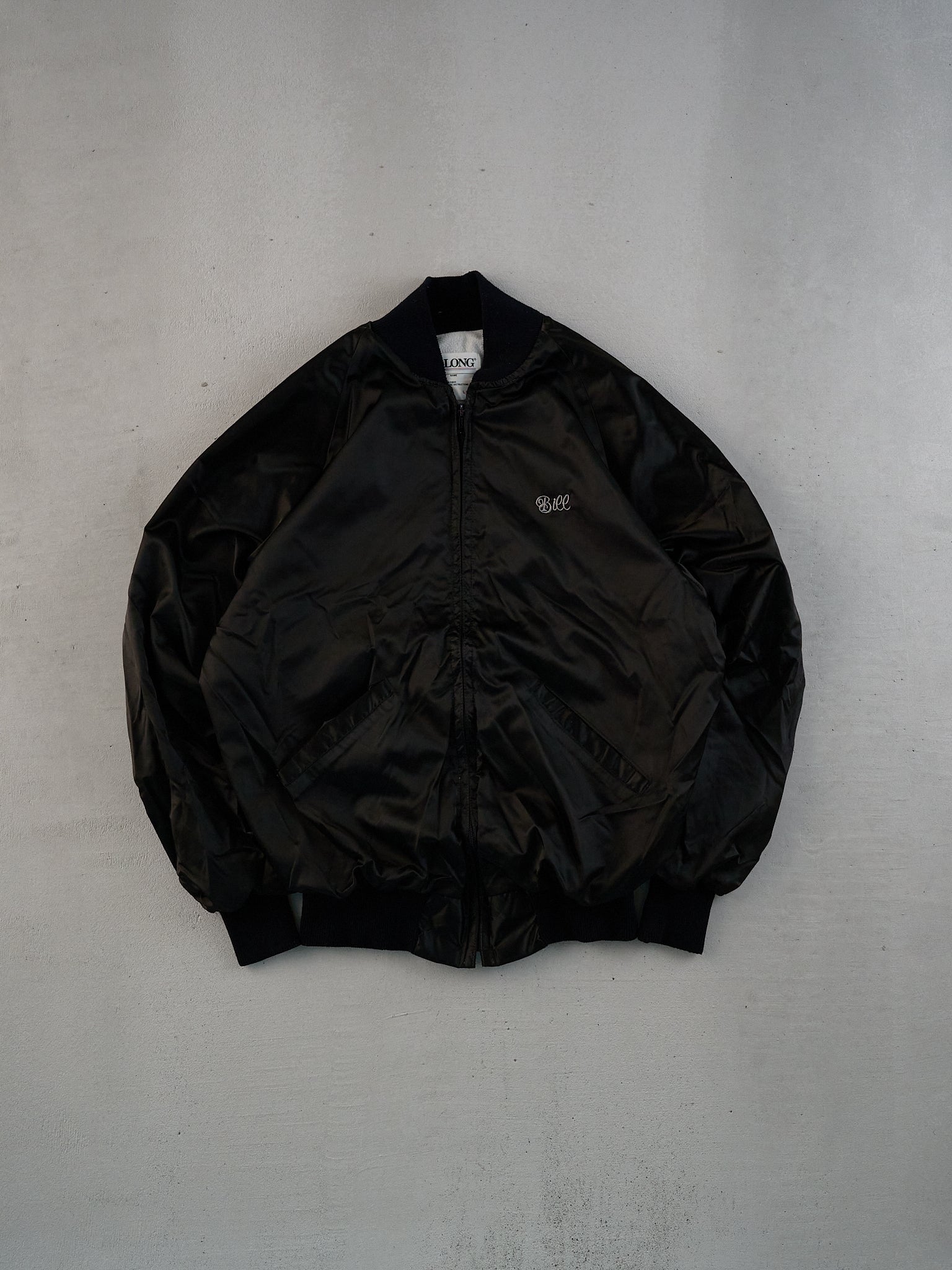 Vintage 90s Black Satin Bill Silver Laker Auto Club Bomber Jacket (L)