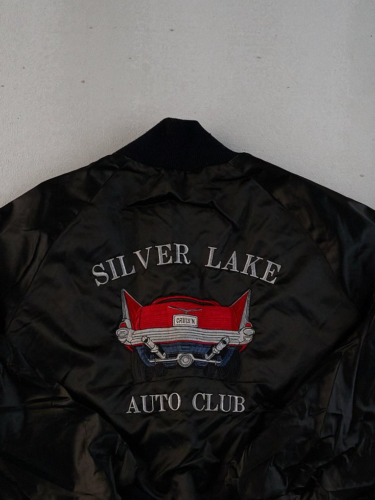 Vintage 90s Black Satin Bill Silver Laker Auto Club Bomber Jacket (L)