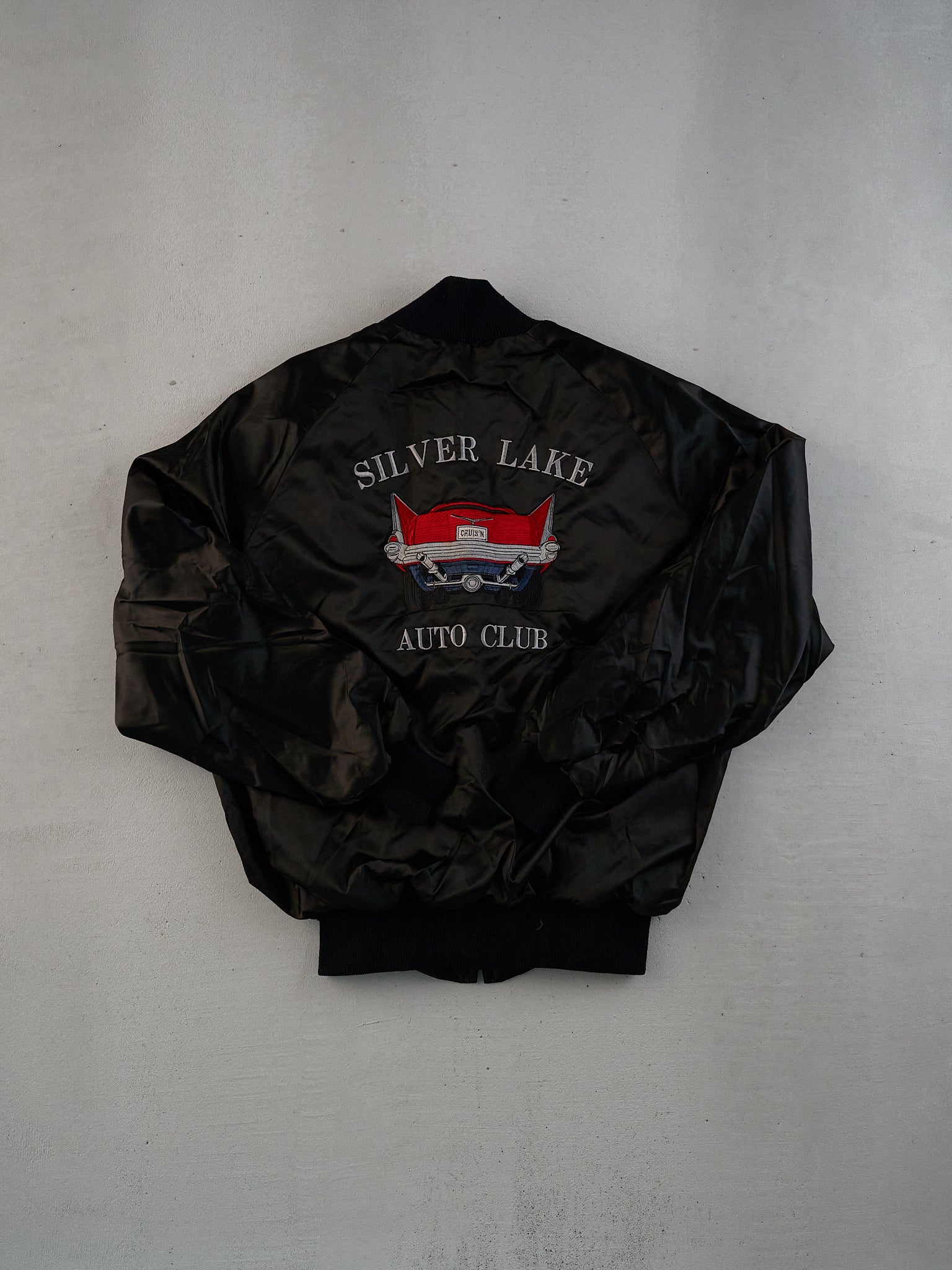 Vintage 90s Black Satin Bill Silver Laker Auto Club Bomber Jacket (L)