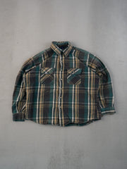 Vintage 90s Green and Beige Flannel Collared Button Up (L)