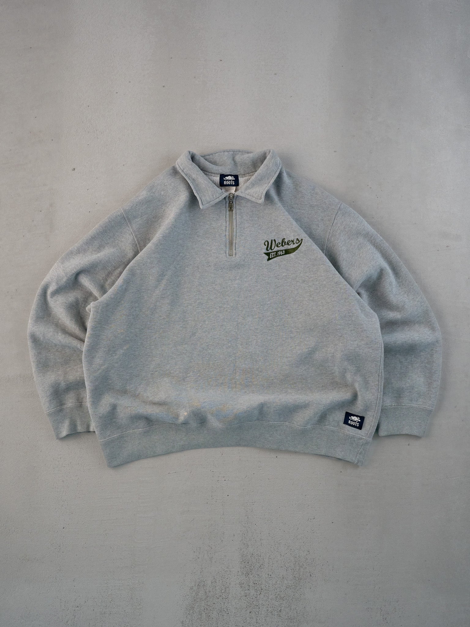 Vintage Y2k Grey Roots X Webbers Collared 1/4 Zip Collared Crewneck (L)