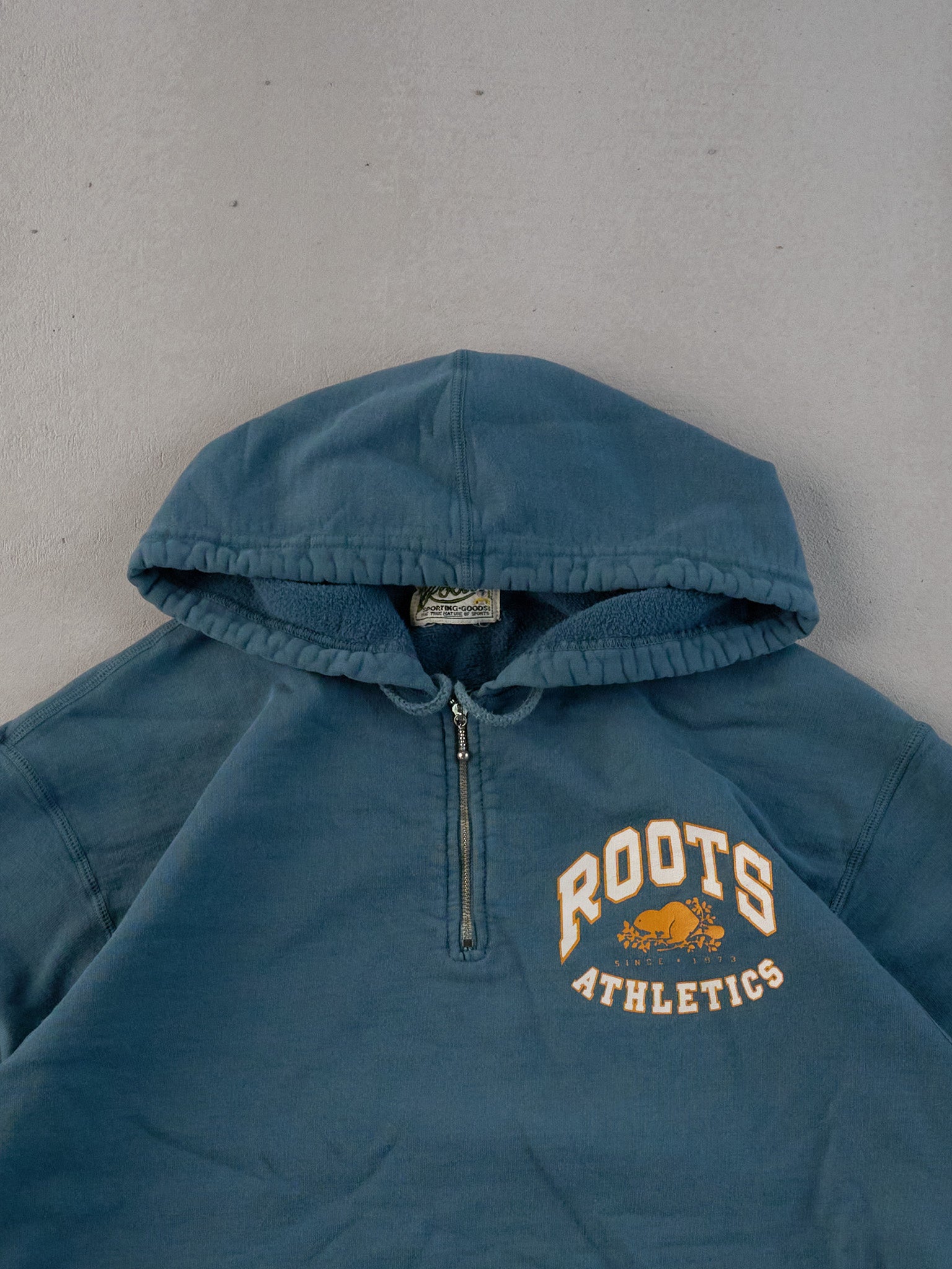Vintage 90s Rare Faded Pine Green Roots Athletics Hooded 1/4 Zip (M)