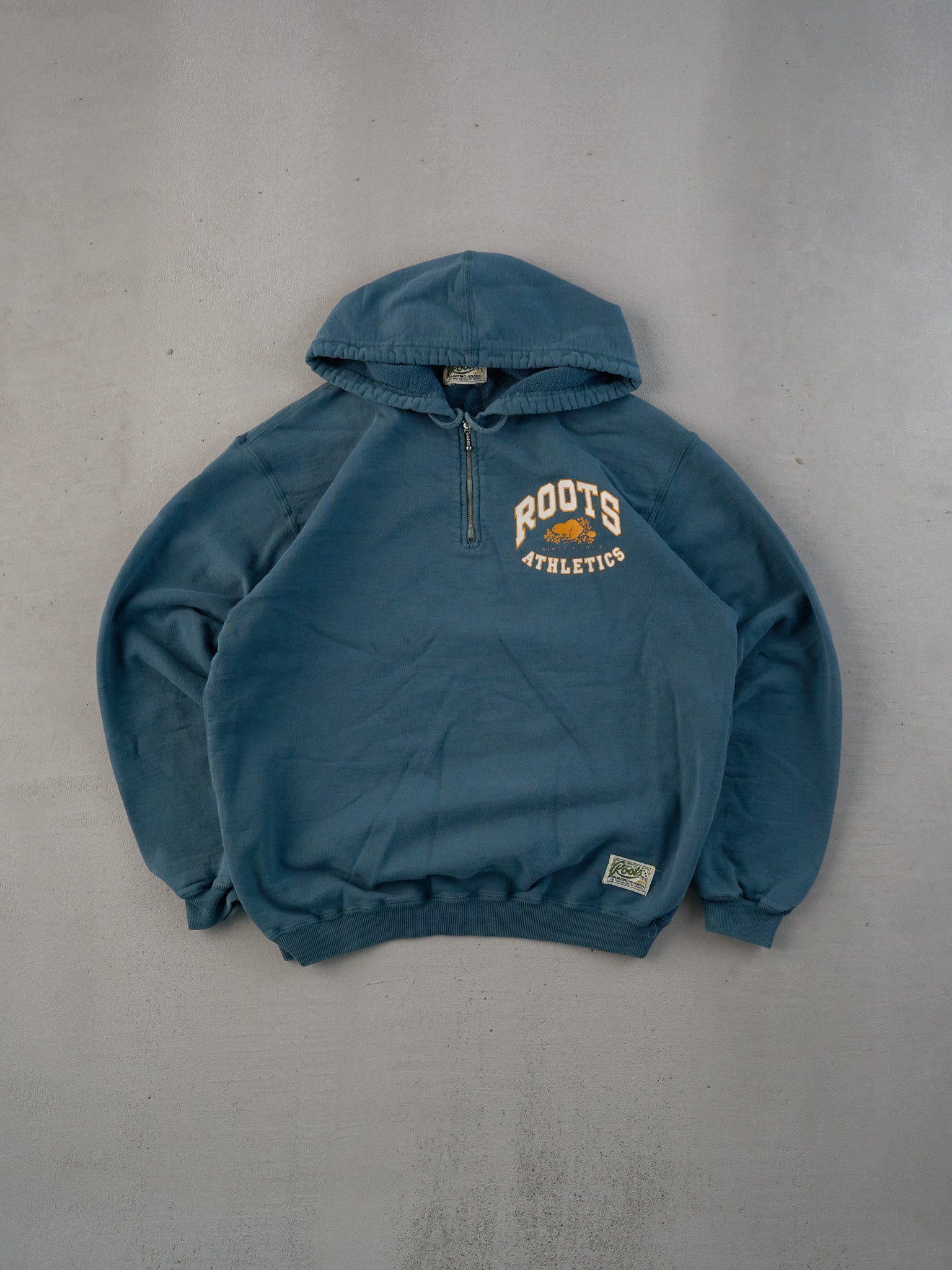 Vintage 90s Rare Faded Pine Green Roots Athletics Hooded 1/4 Zip (M)