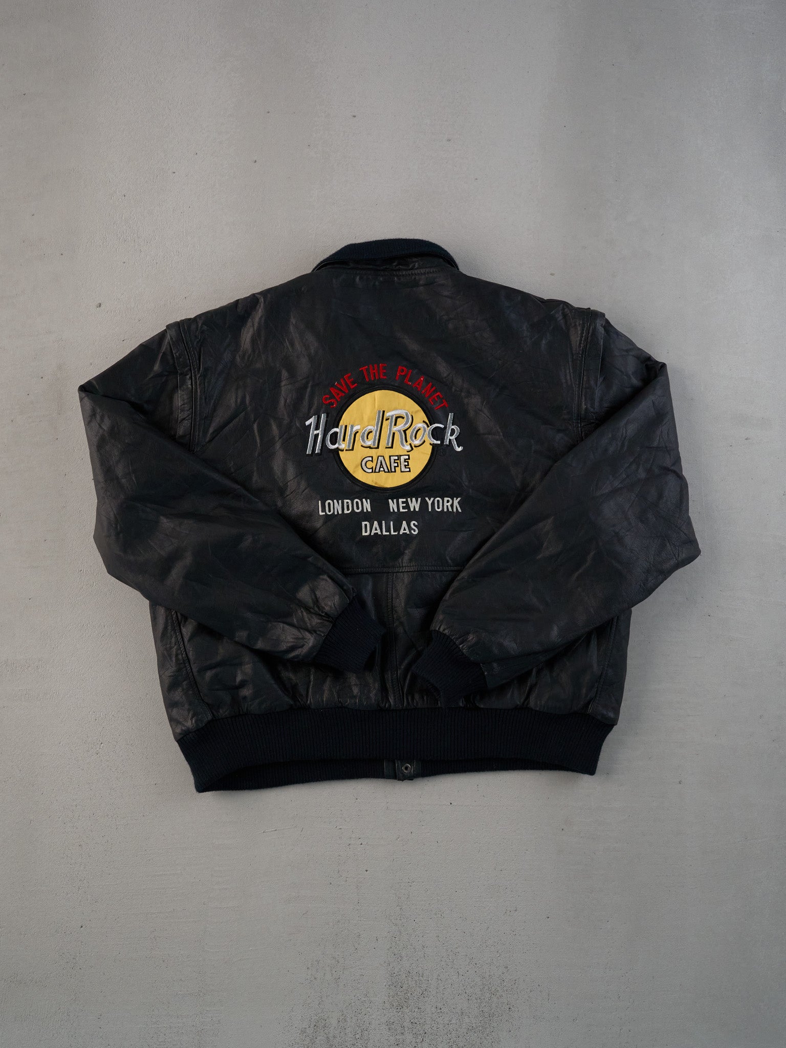 Vintage 90s Black Hardrock Cafe Dallas Collared Leather Jacket (L)
