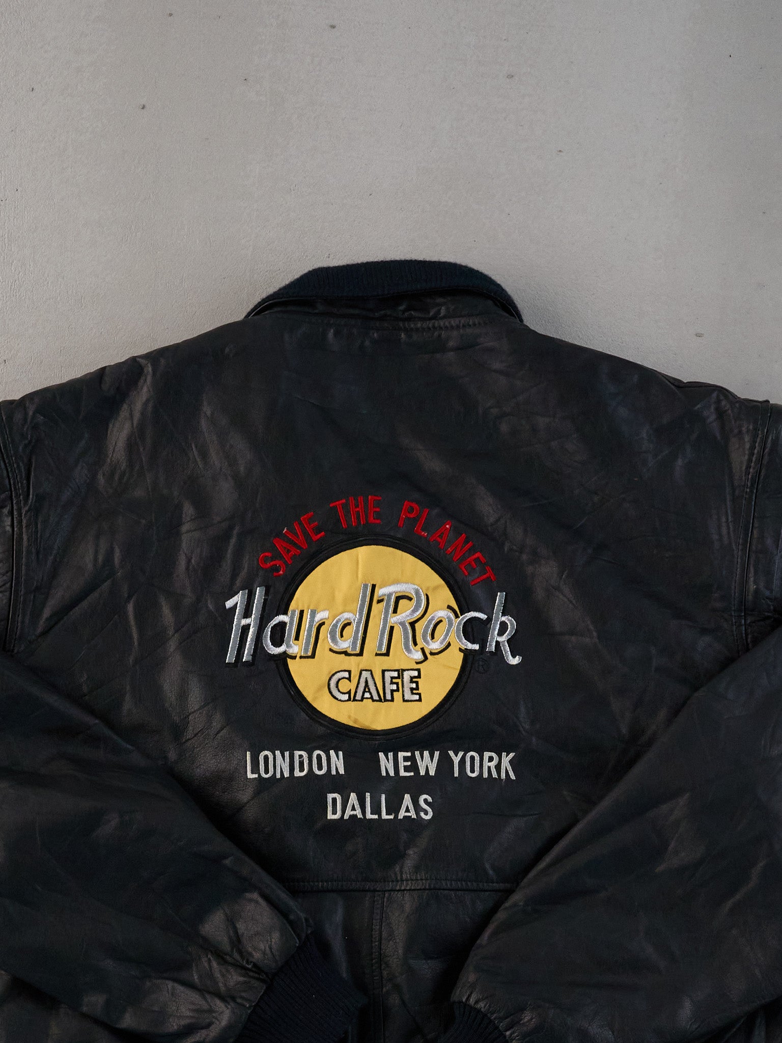 Vintage 90s Black Hardrock Cafe Dallas Collared Leather Jacket (L)