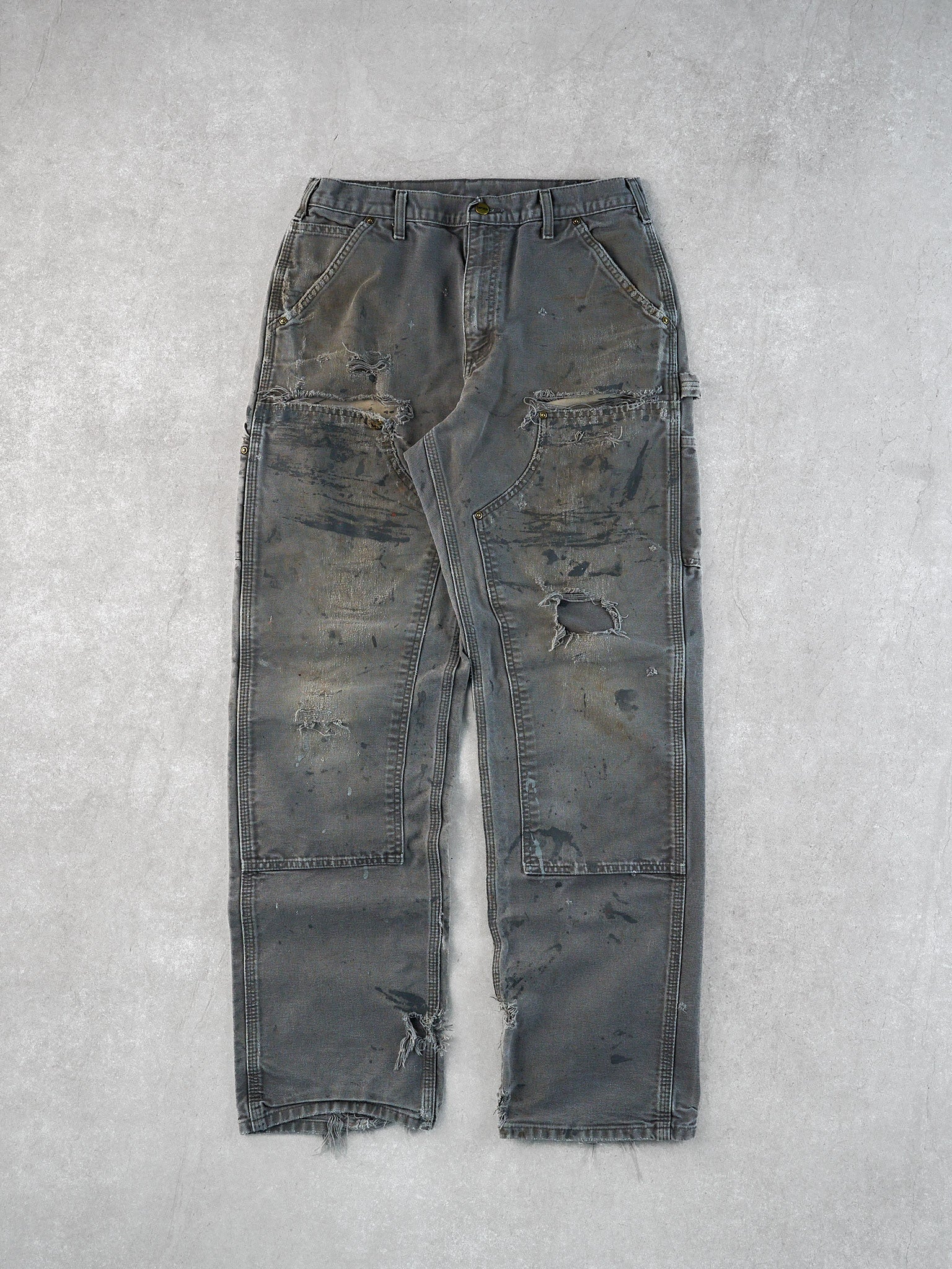 Vintage 90s Grey Faded Carhartt Distressed Double Knee Carpenter Pants (34x34)