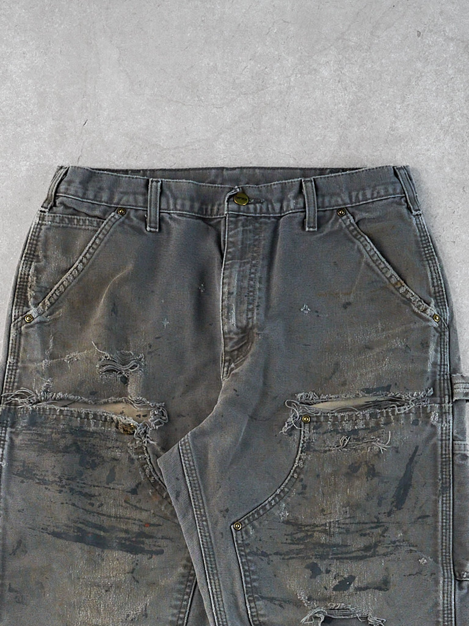 Vintage 90s Grey Faded Carhartt Distressed Double Knee Carpenter Pants (34x34)