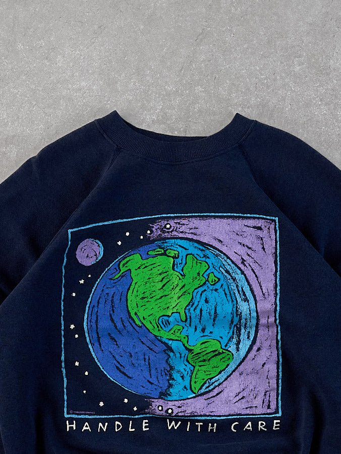 Vintage Navy Blue Handle With Care Earth Graphic Tee (M)